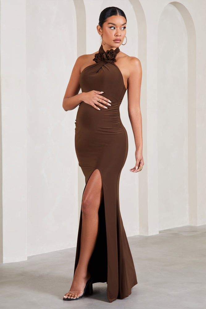 ALYCE DESIGNS Chocolate Brown Satin Prom Wedding Dress Train Cutout Midriff  Vtg | eBay