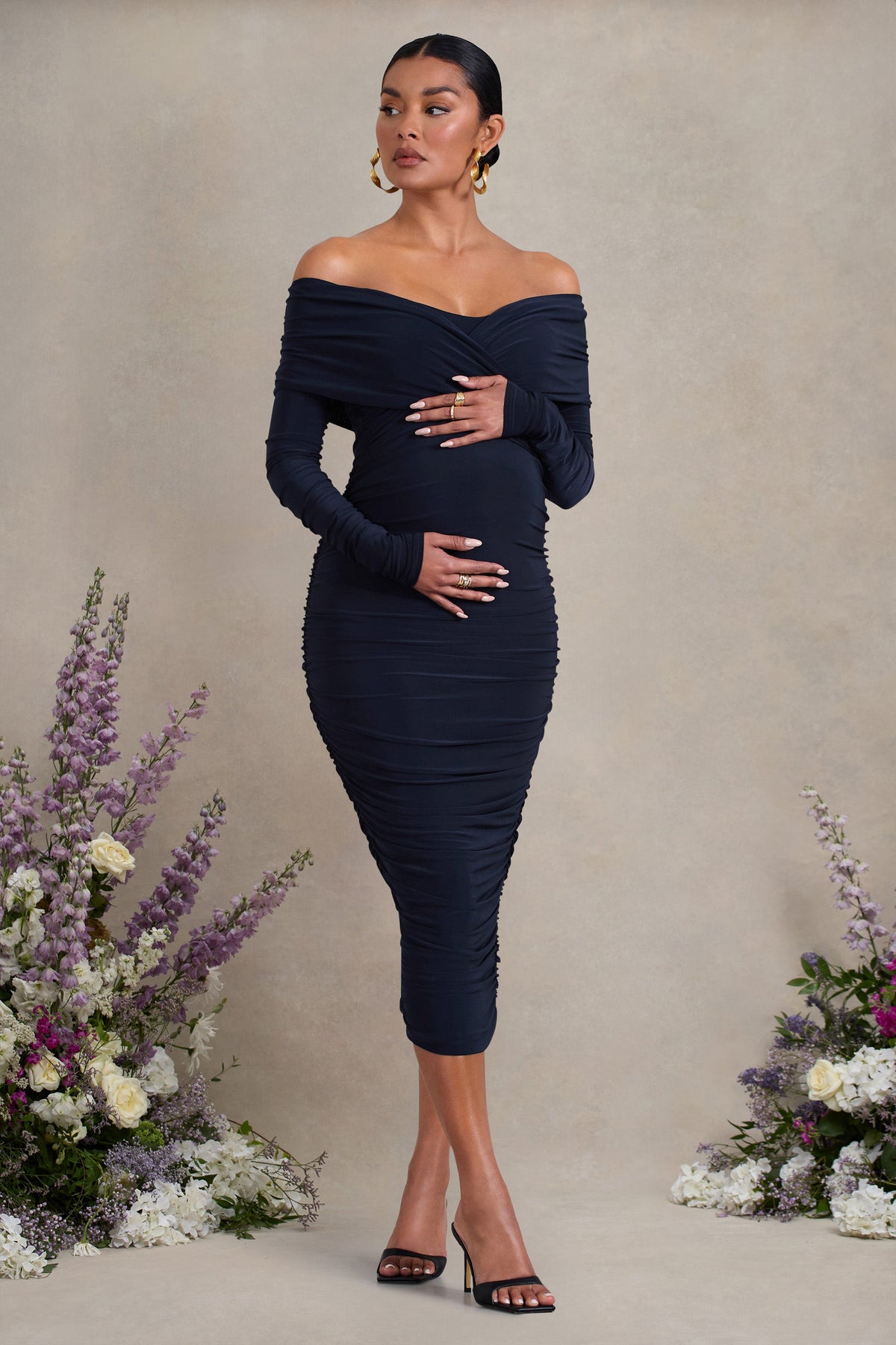 Davina | Navy Ruched Twist Bardot Long-Sleeve Maternity Midi Dress