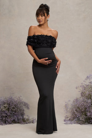Inflorescence Black Mesh Floral Bardot Maternity Maxi Dress – Club L London 