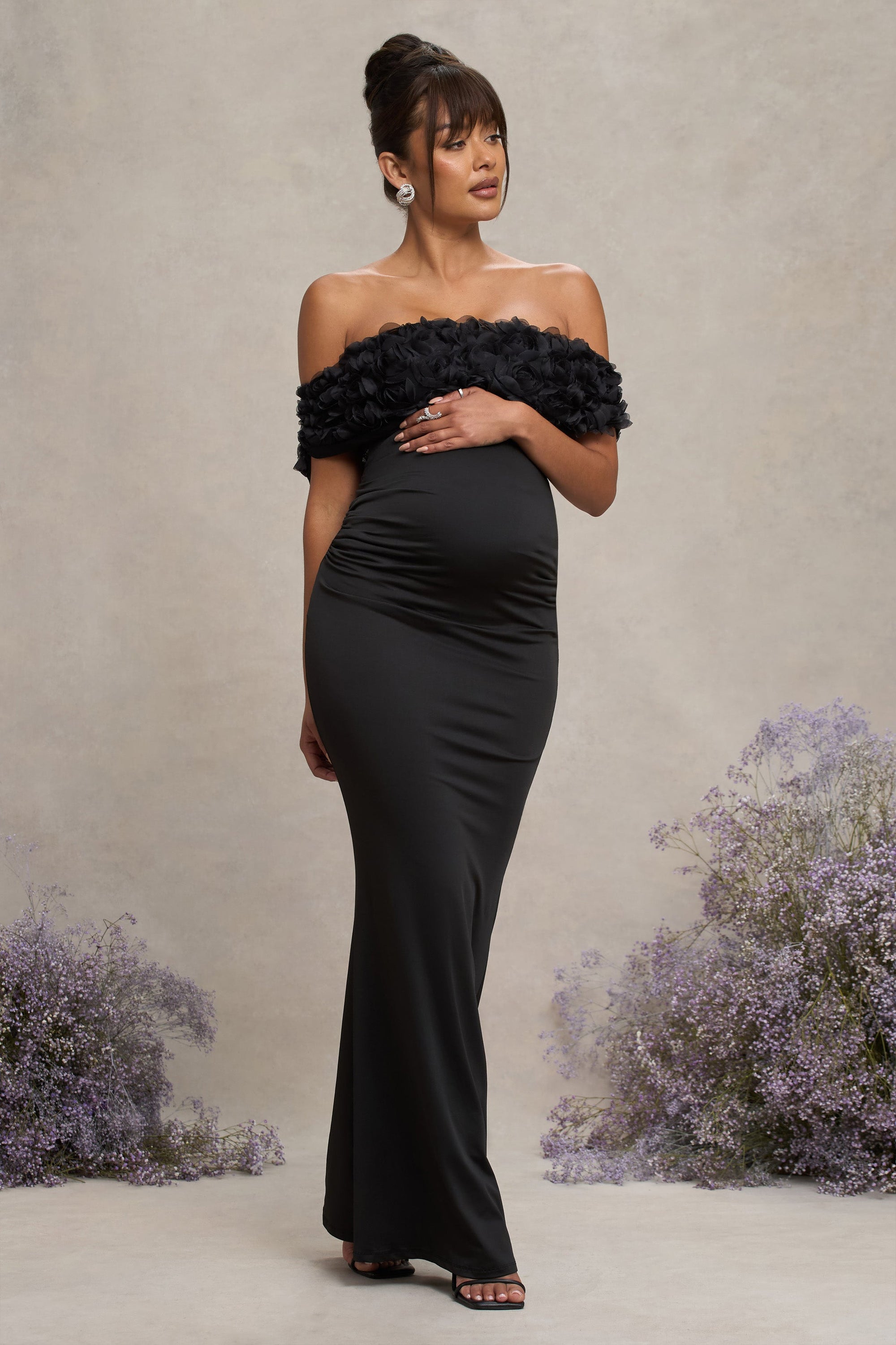 Inflorescence | Black Mesh Floral Bardot Maternity Maxi Dress - Club L London - USA