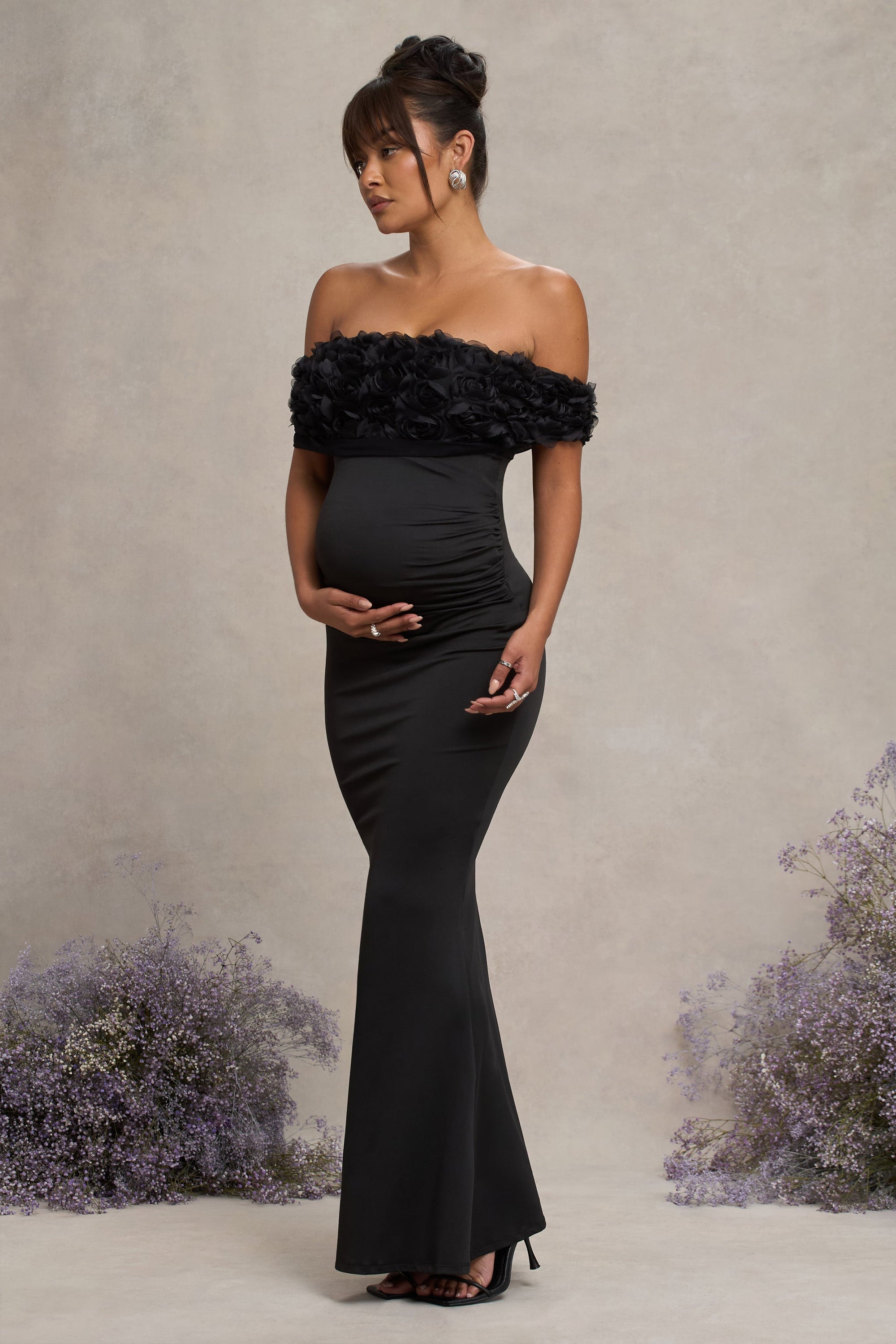 Inflorescence | Black Mesh Floral Bardot Maternity Maxi Dress - Club L London - USA
