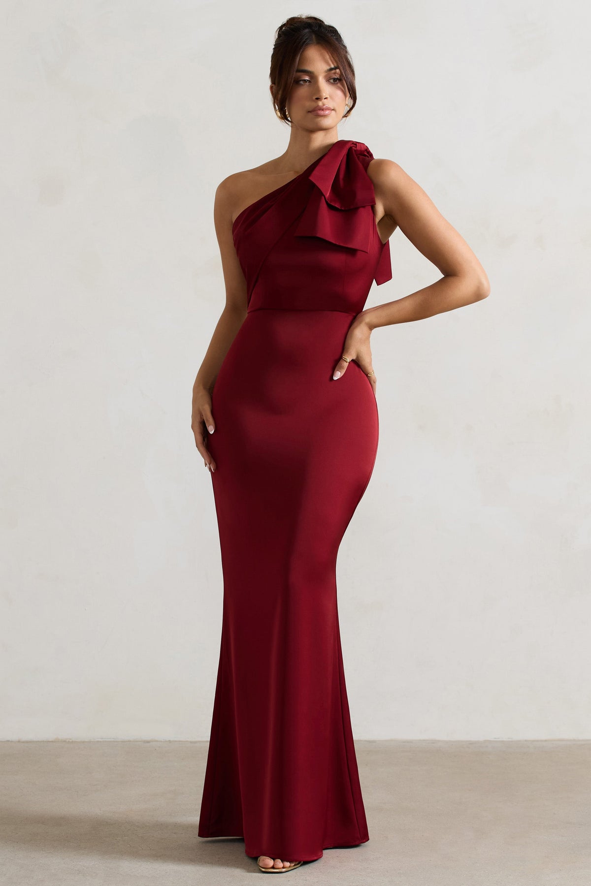 Lady | Berry Satin One Shoulder Maxi Dress With Bow