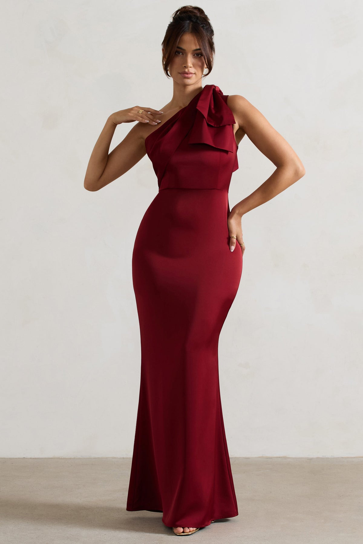 Lady | Berry Satin One Shoulder Maxi Dress With Bow