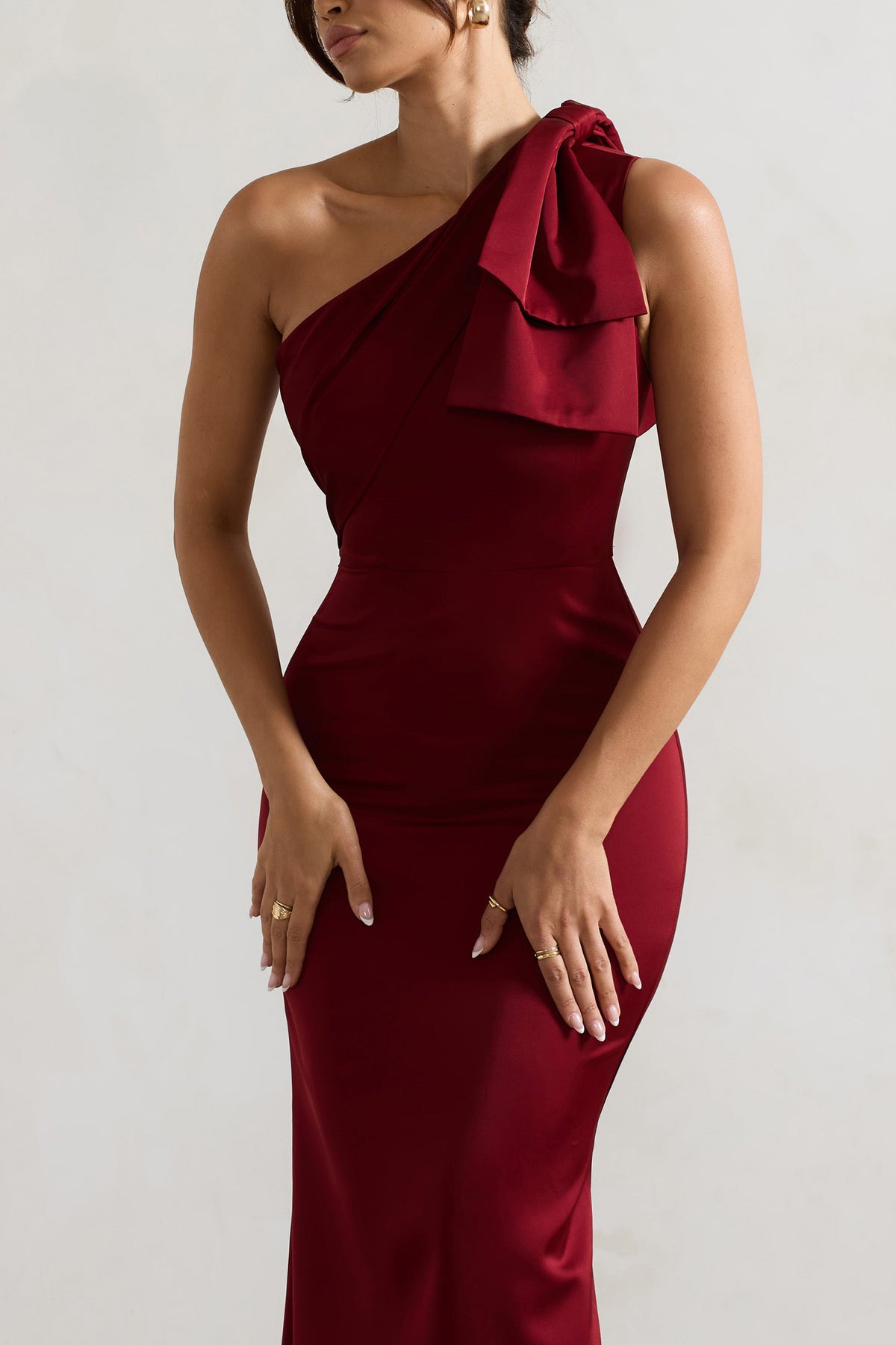 Lady | Berry Satin One Shoulder Maxi Dress With Bow