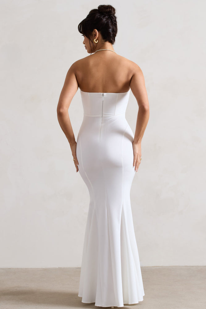 club l embellished sequin strapless fishtail maxi dress Idyllic | Cream Strapless Corset Style Fishtail Maxi Dress