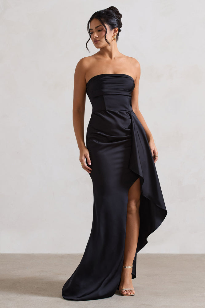 Ace Black Satin Bandeau Split Maxi Dress With Ruffle Drape