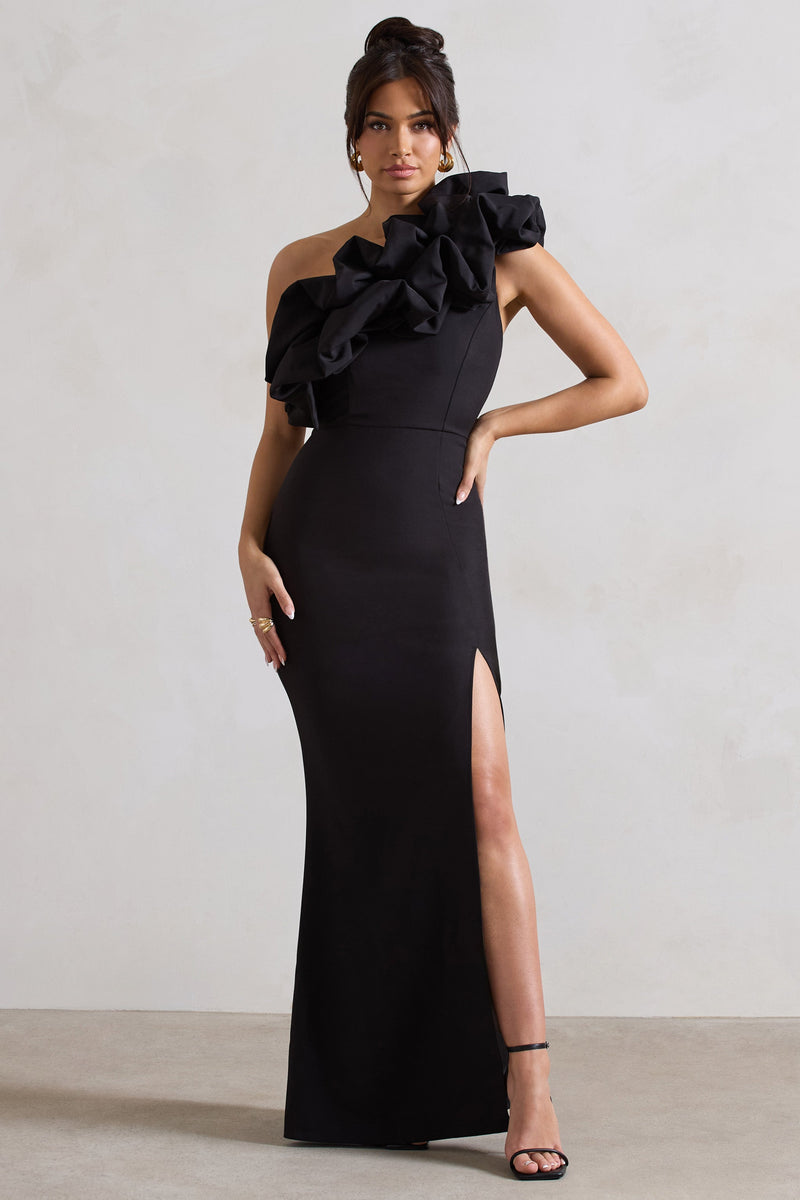 Vienne Black One Shoulder Ruffle Split Maxi Dress – Club L London - USA