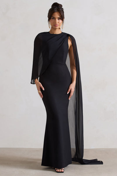 Haze Black High-Neck Maxi Dress With Chiffon Cape – Club L London 