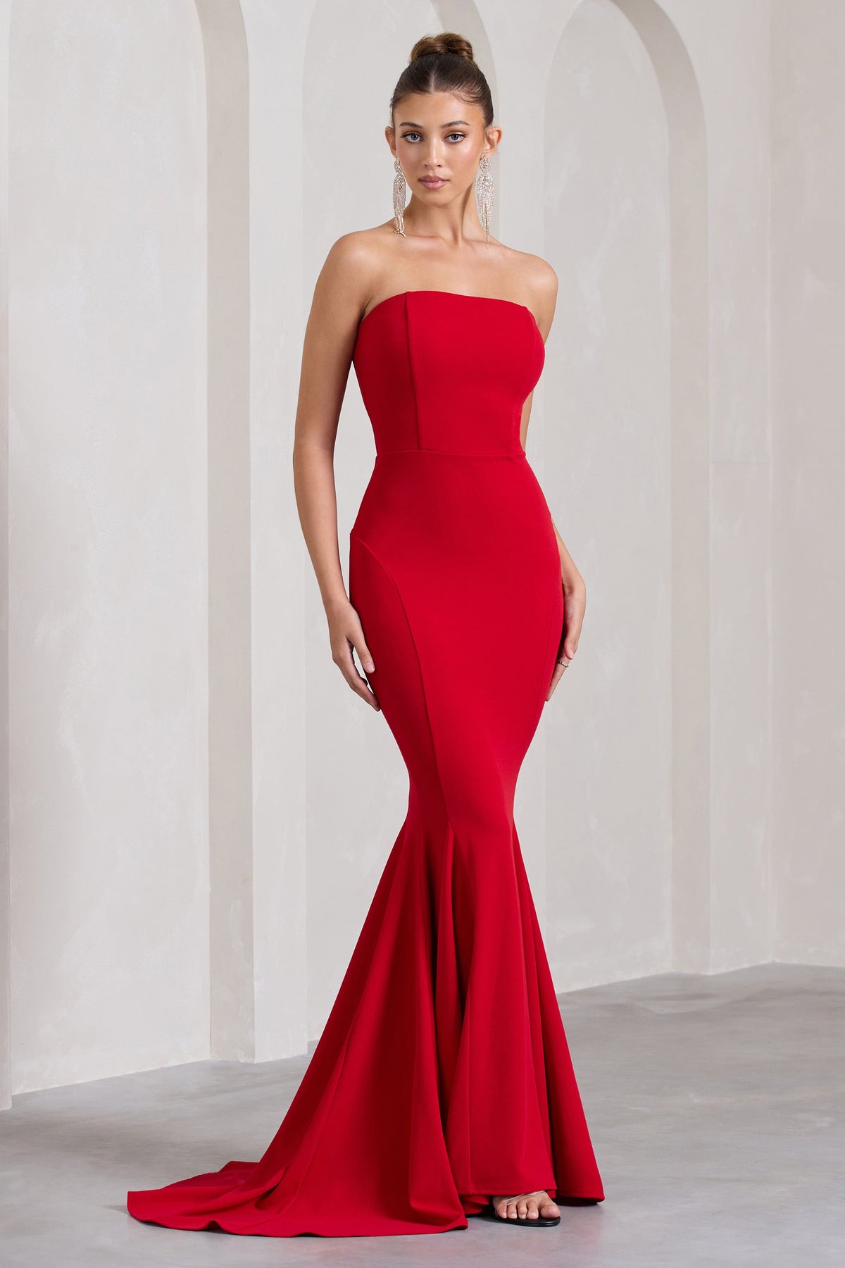 Impress Me Red Strapless Bandeau Fishtail Maxi Dress – Club L