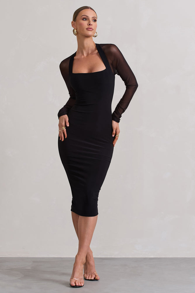 Black Mesh Double Ruched Bodycon Dress | PrettyLittleThing QA