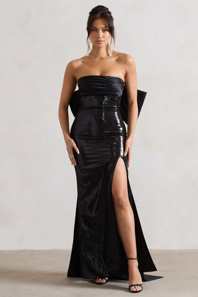 To You Black Sequin Bandeau Split Maxi Dress With Oversized Bow 