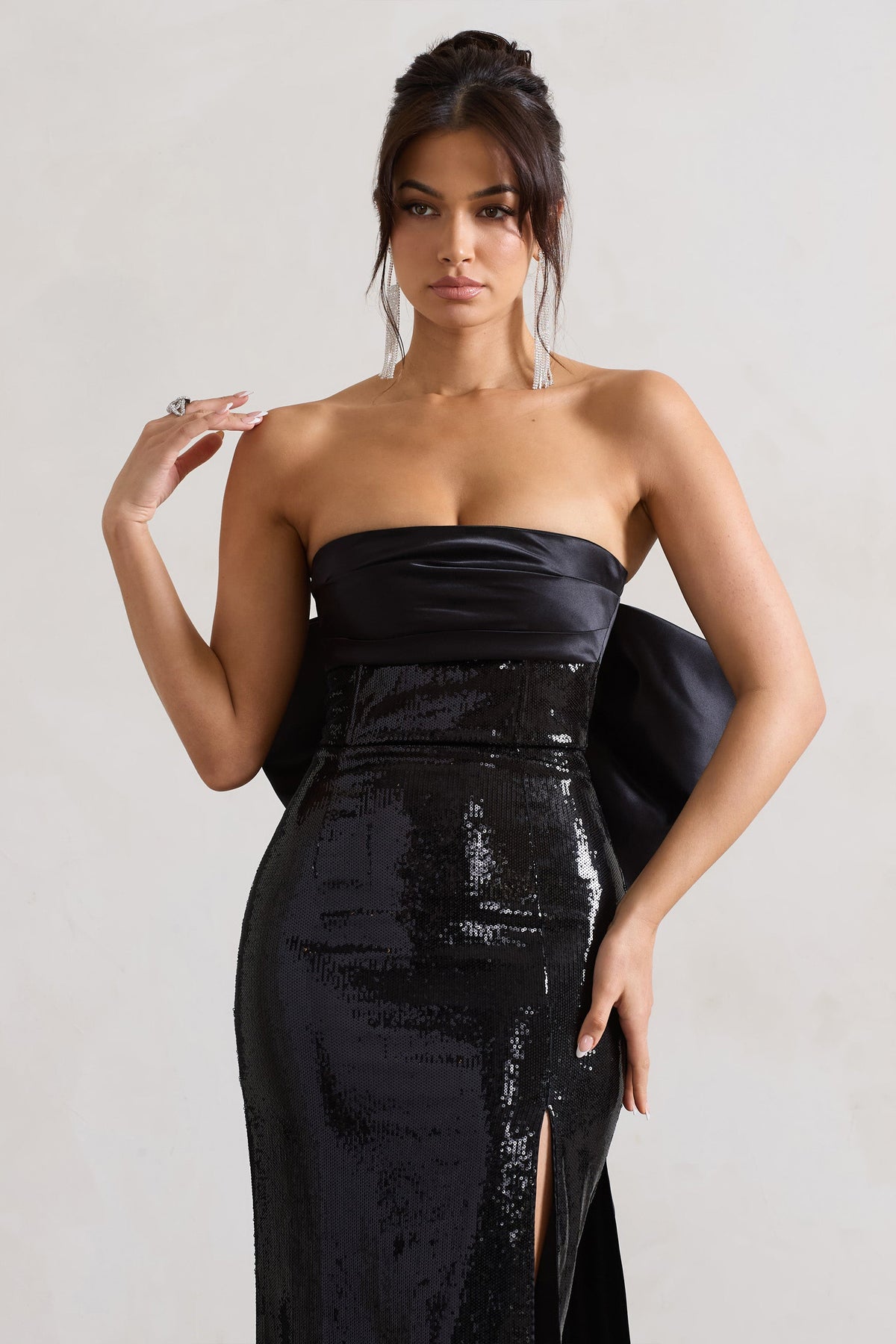 To You Black Sequin Bandeau Split Maxi Dress With Oversized Bow – Club L  London - USA