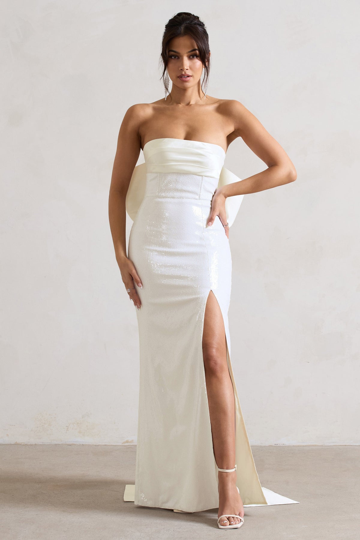 To You White Sequin Bandeau Split Maxi Dress With Oversized Bow Club L London USA