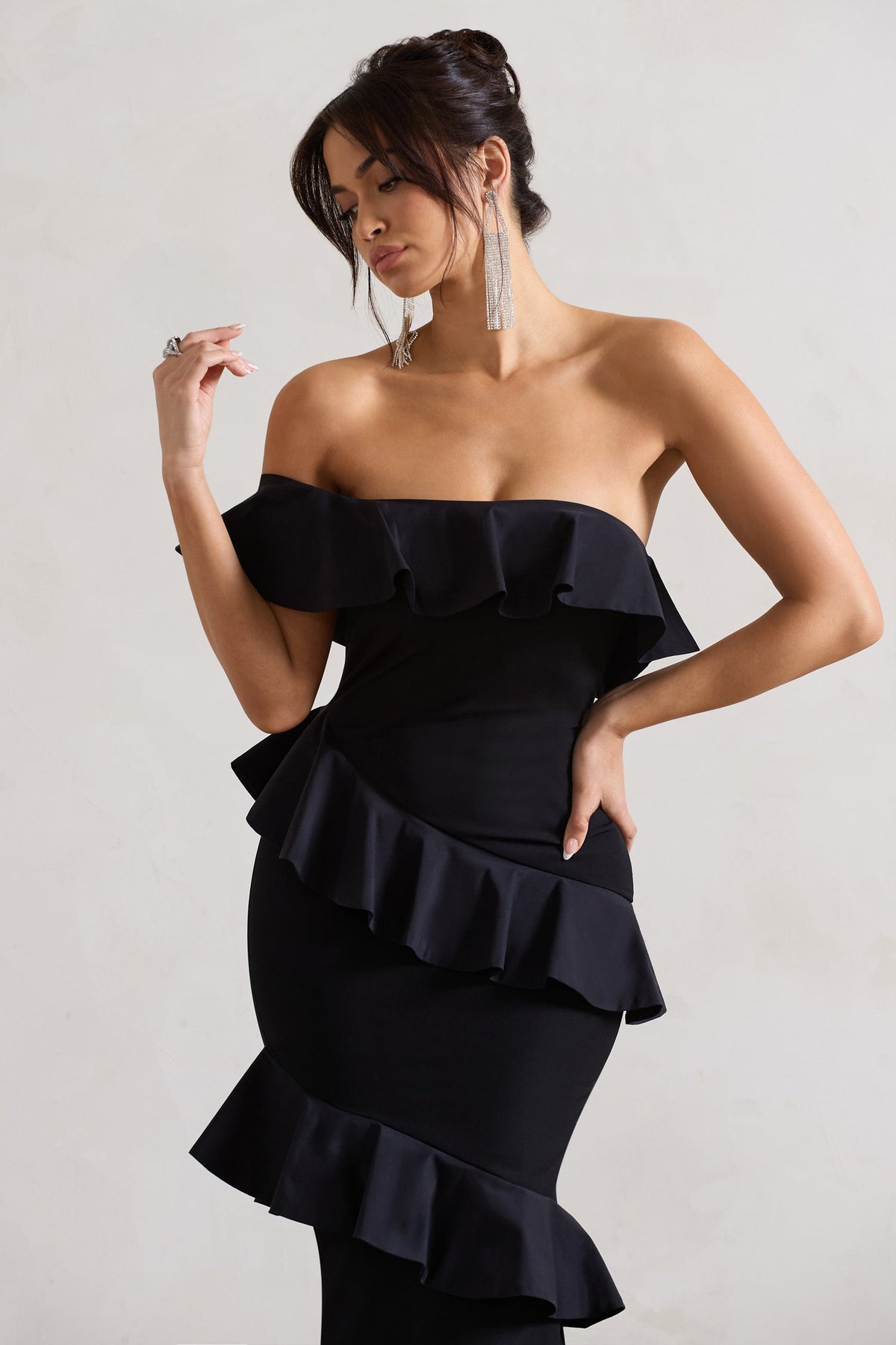 Ruffle Dress Club L Maxi Dresses Cinematic Black Bardot Ruffled Fishtail Maxi Dress Club L London Ruffle Dress Club L Maxi Dresses Cinematic Black Bardot Ruffled Fishtail Maxi Dress Club L London