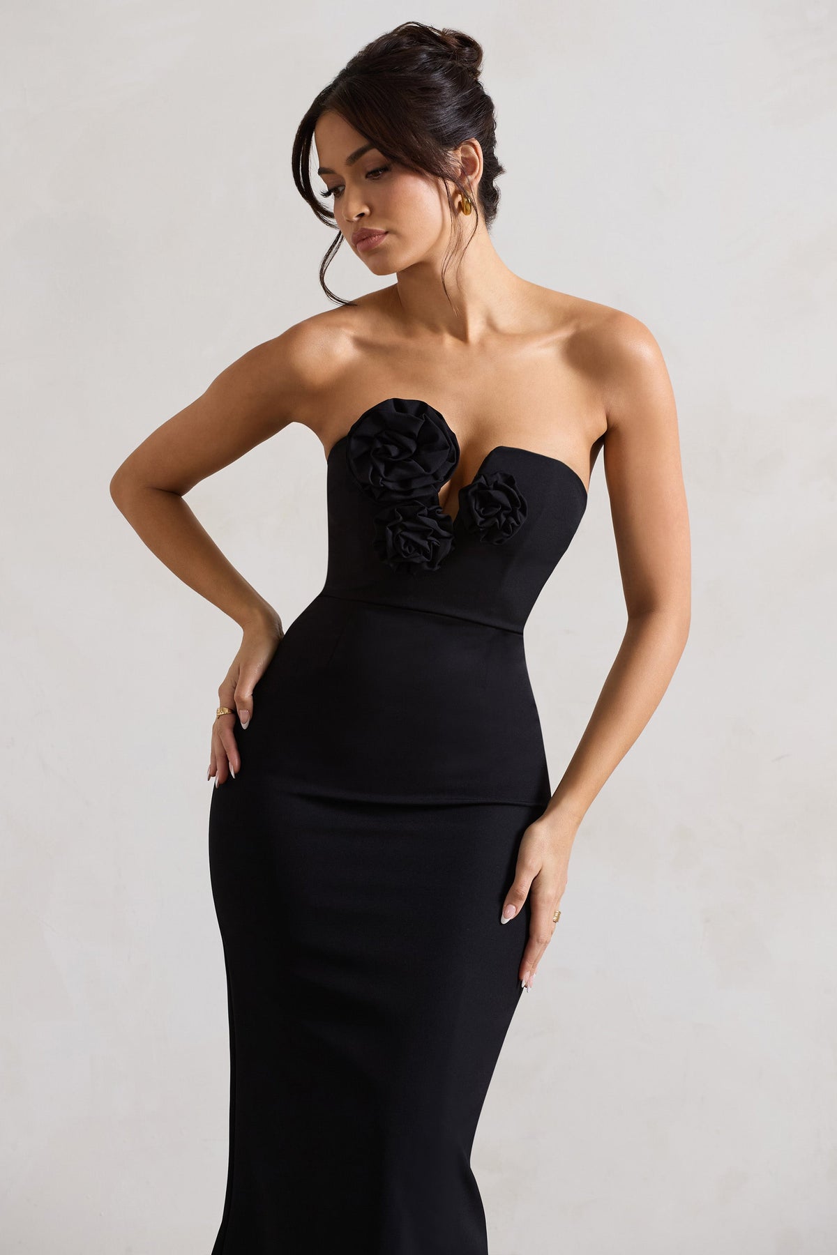 Enticed Black Strapless V-Neck Maxi Dress With Flowers Club L London - USA Enticed Black Strapless V-Neck Maxi Dress With Flowers Club L London - USA