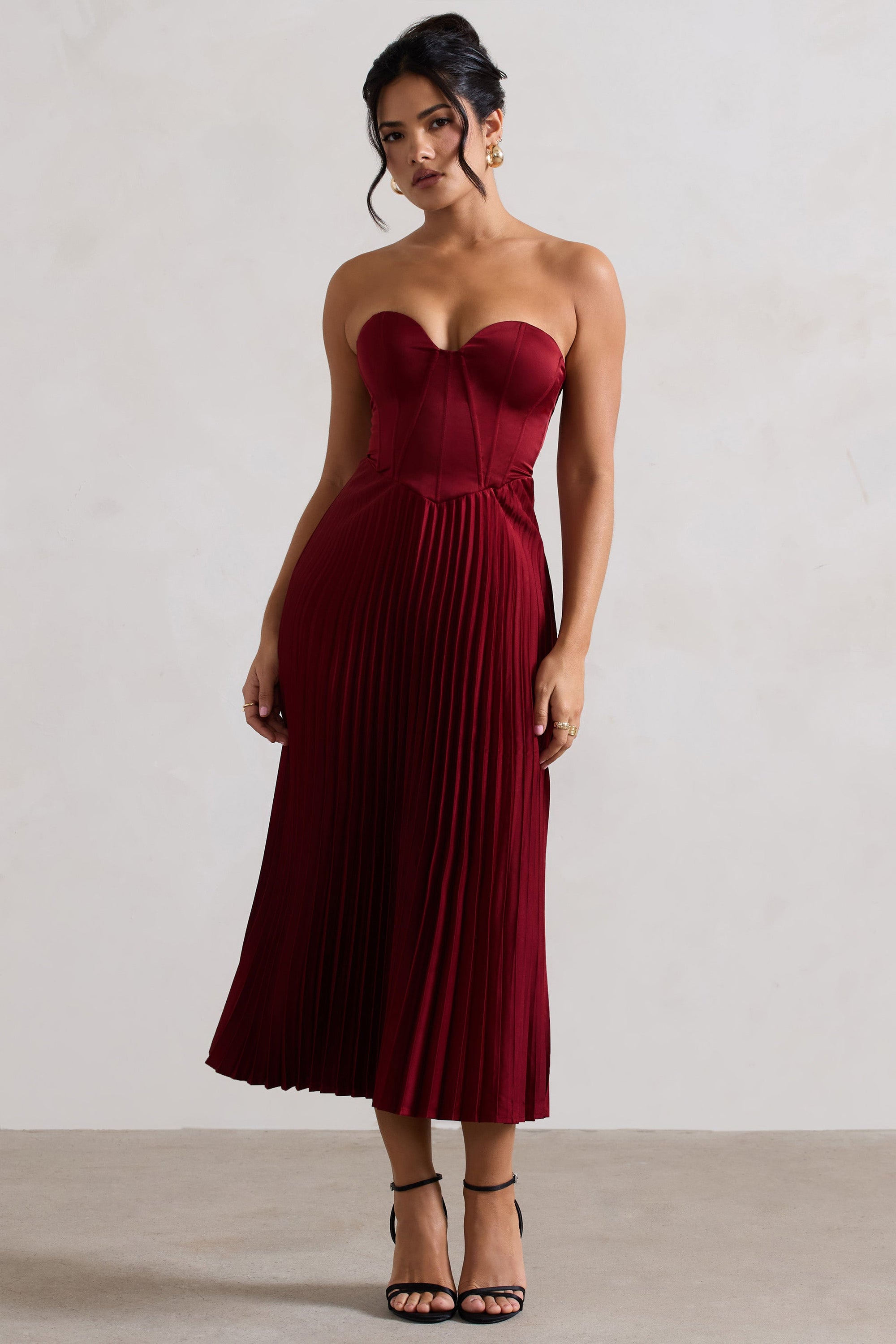 Bordeaux | Berry Satin Corset Style Midi Dress - Club L London - USA