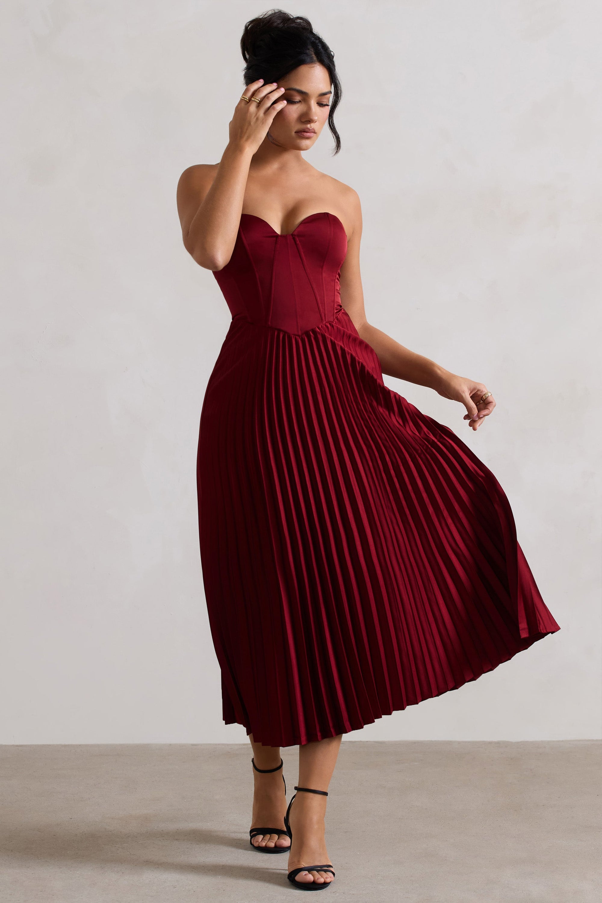 Bordeaux | Berry Satin Corset Style Midi Dress - Club L London - USA