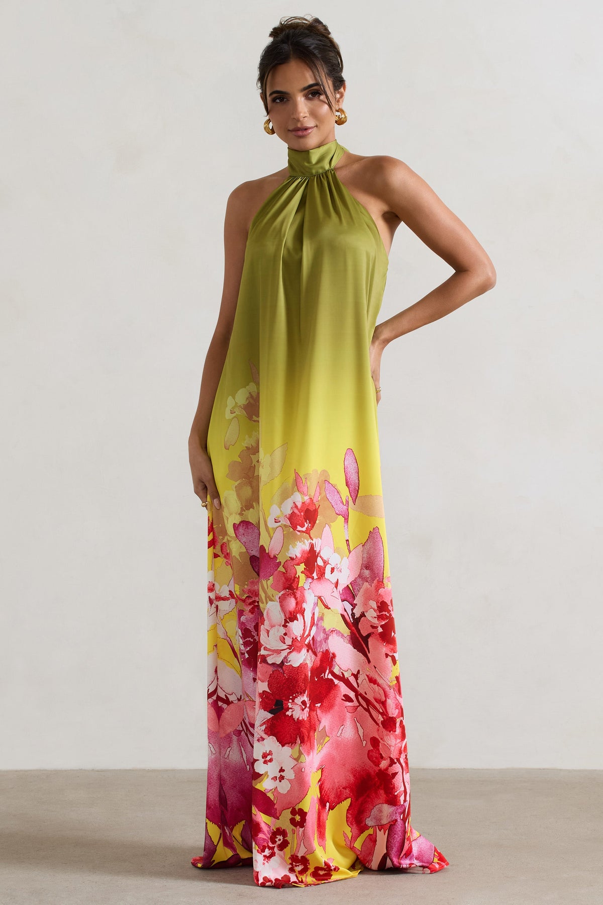Gloriana Pink and Green Floral Print Satin High Neck Maxi Dress Club L London USA