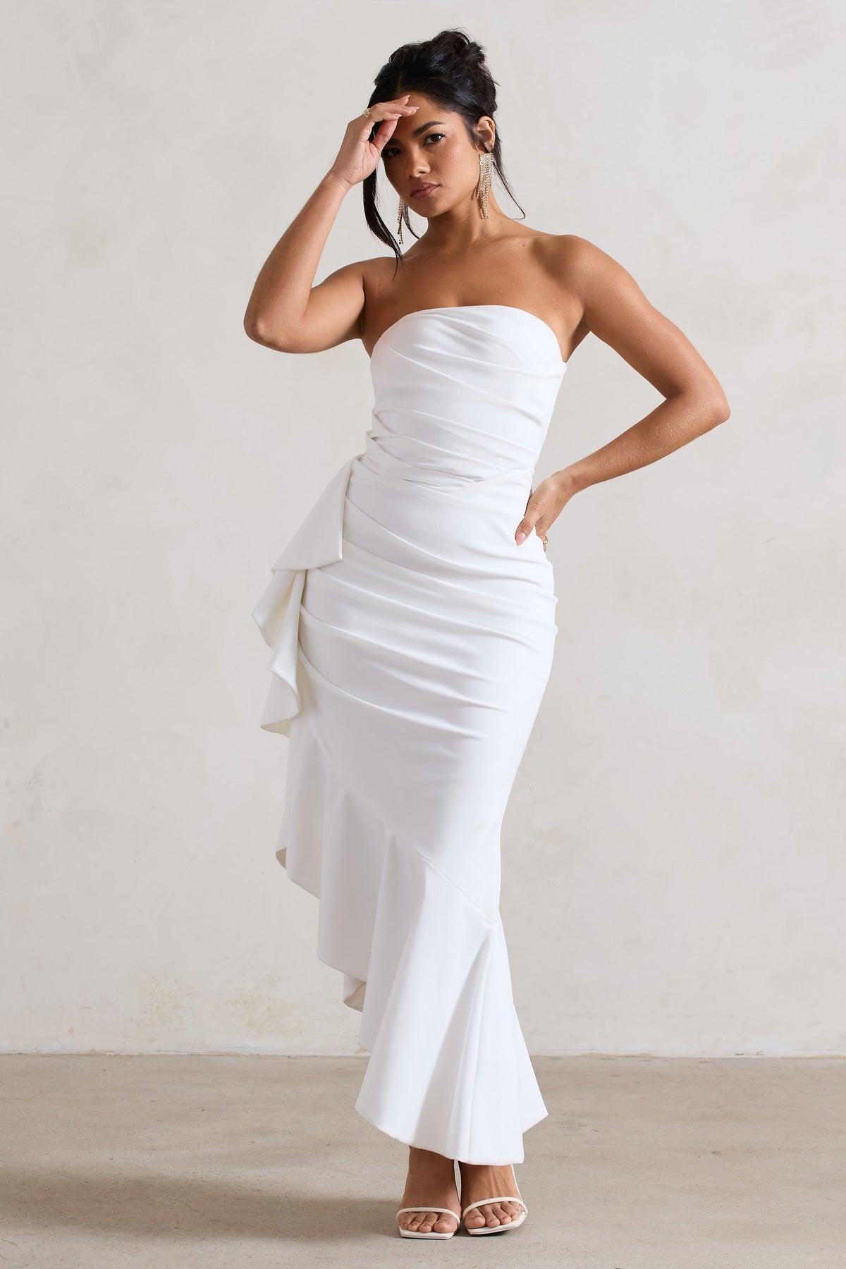 New Age White Strapless Asymmetric Ruffled Maxi Dress – Club L 