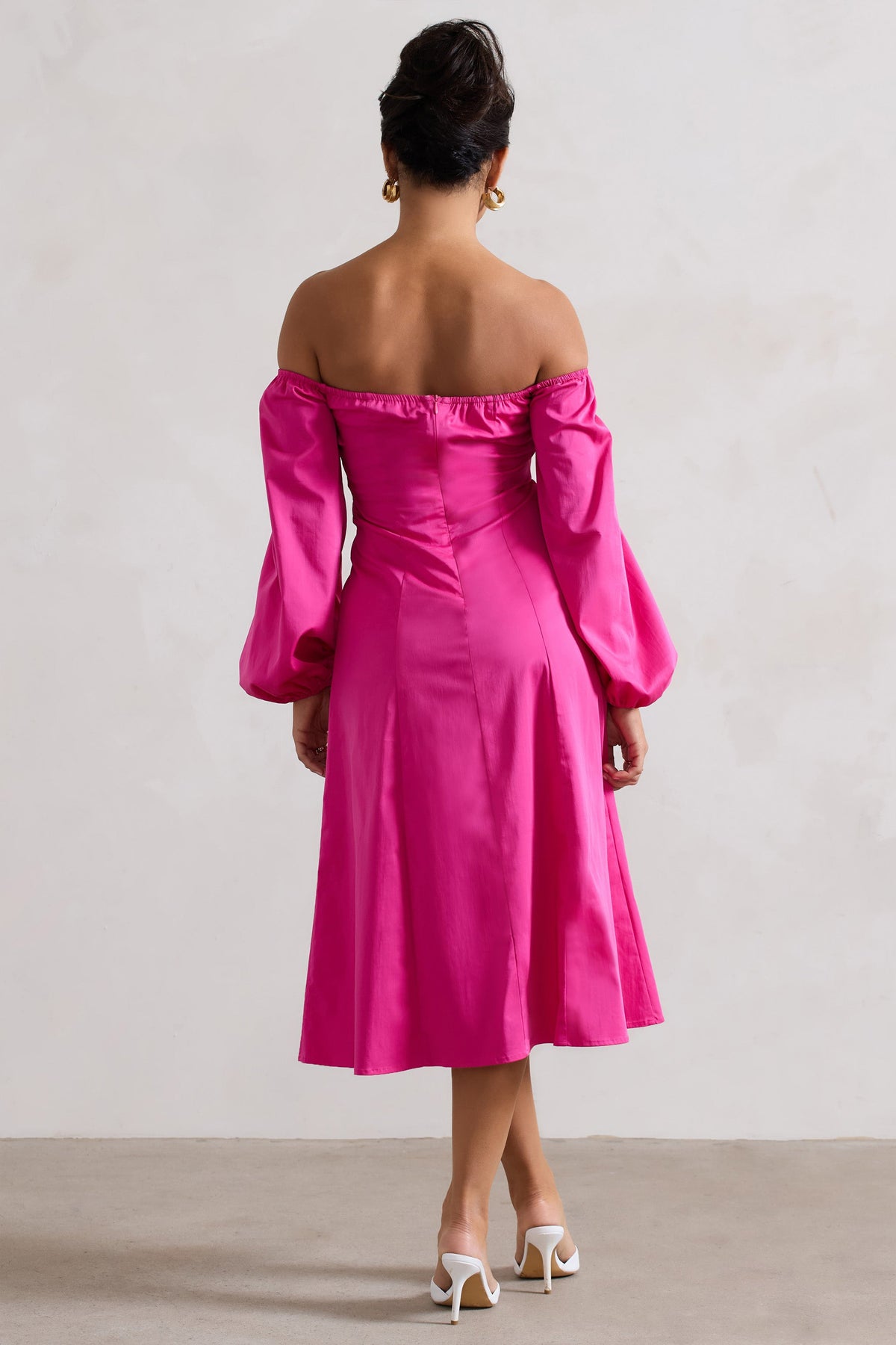 Santino Hot Pink Twisted Bardot Puff-Sleeve Midi Dress – Club L London Santino Hot Pink Twisted Bardot Puff-Sleeve Midi Dress – Club L London