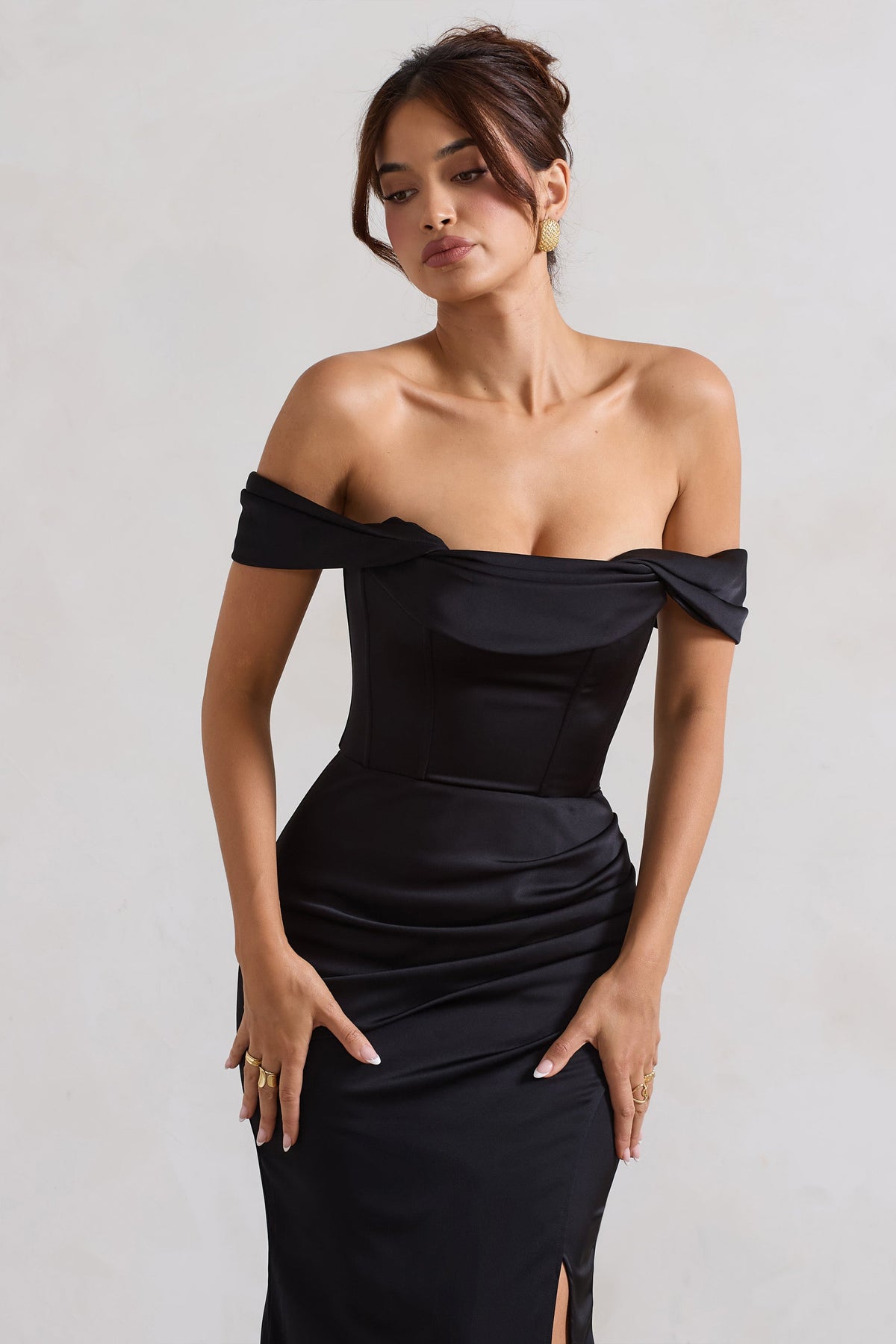 Kimberly Black Bardot Satin Maxi Dress Club L London - USA Kimberly Black Bardot Satin Maxi Dress Club L London - USA