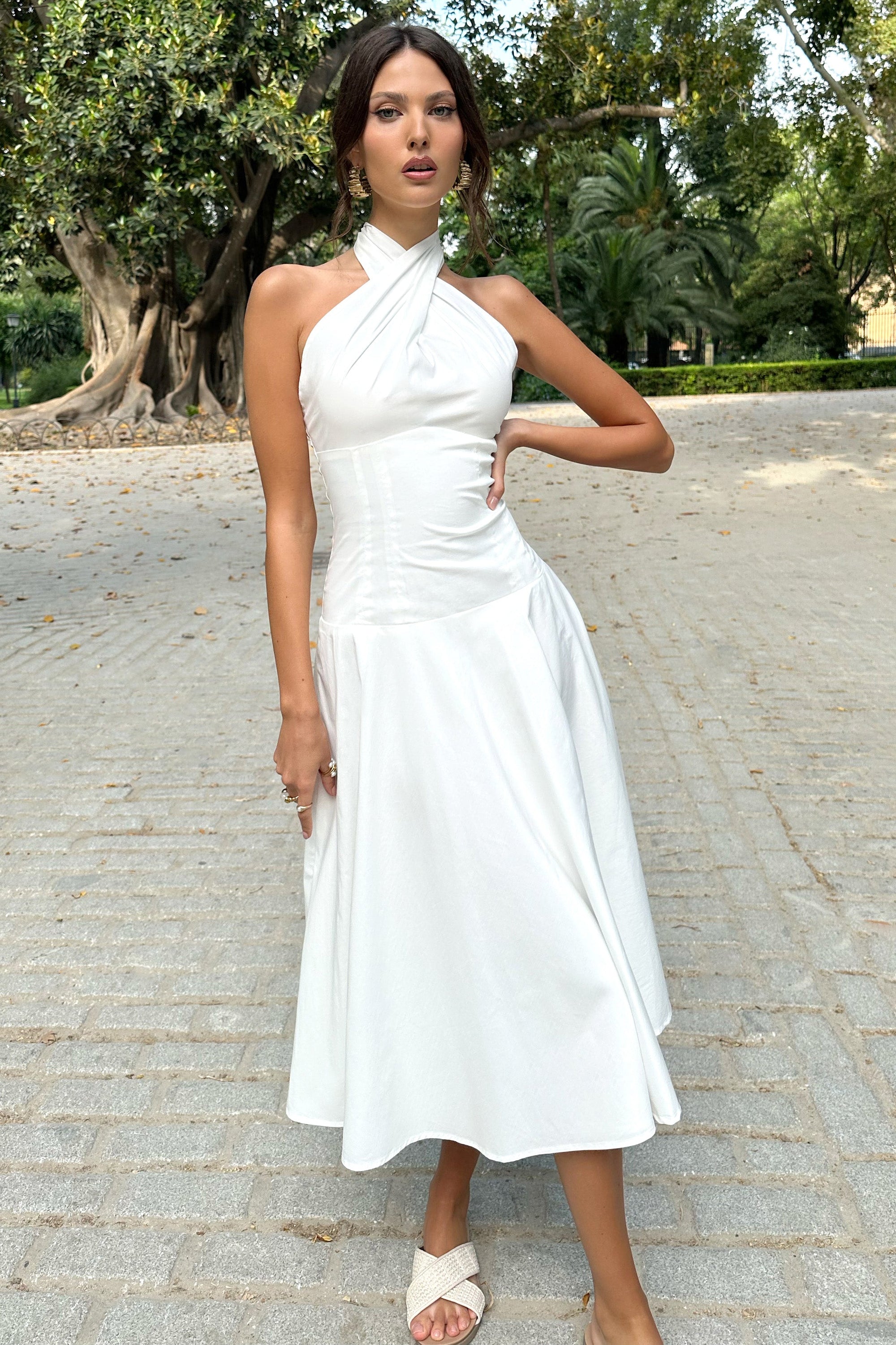 Saint-Malo | Vestido Midi Blanco con Cuello Halter