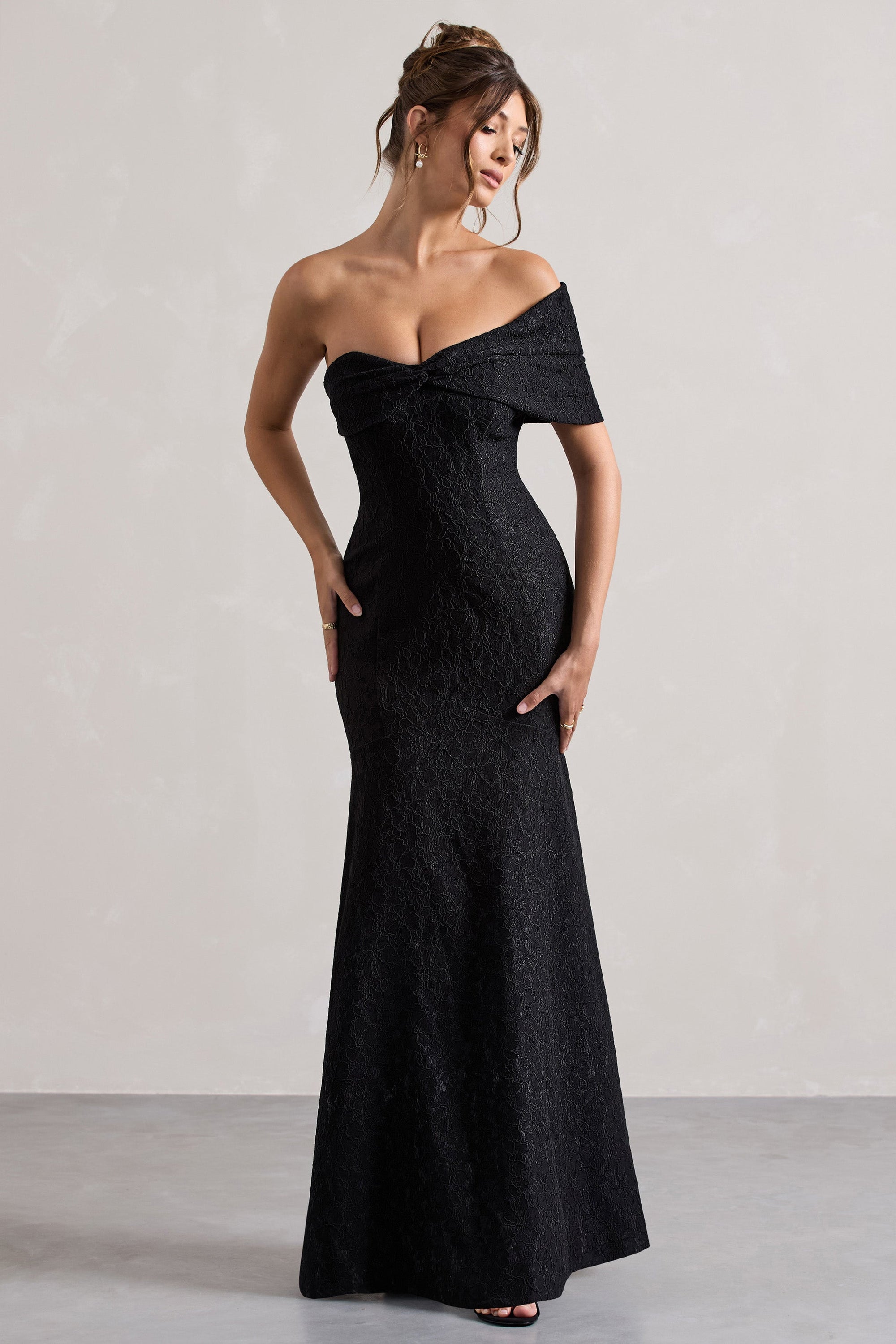 Masquerade | Black Lace Twisted Bardot Maxi Dress - Club L London - USA