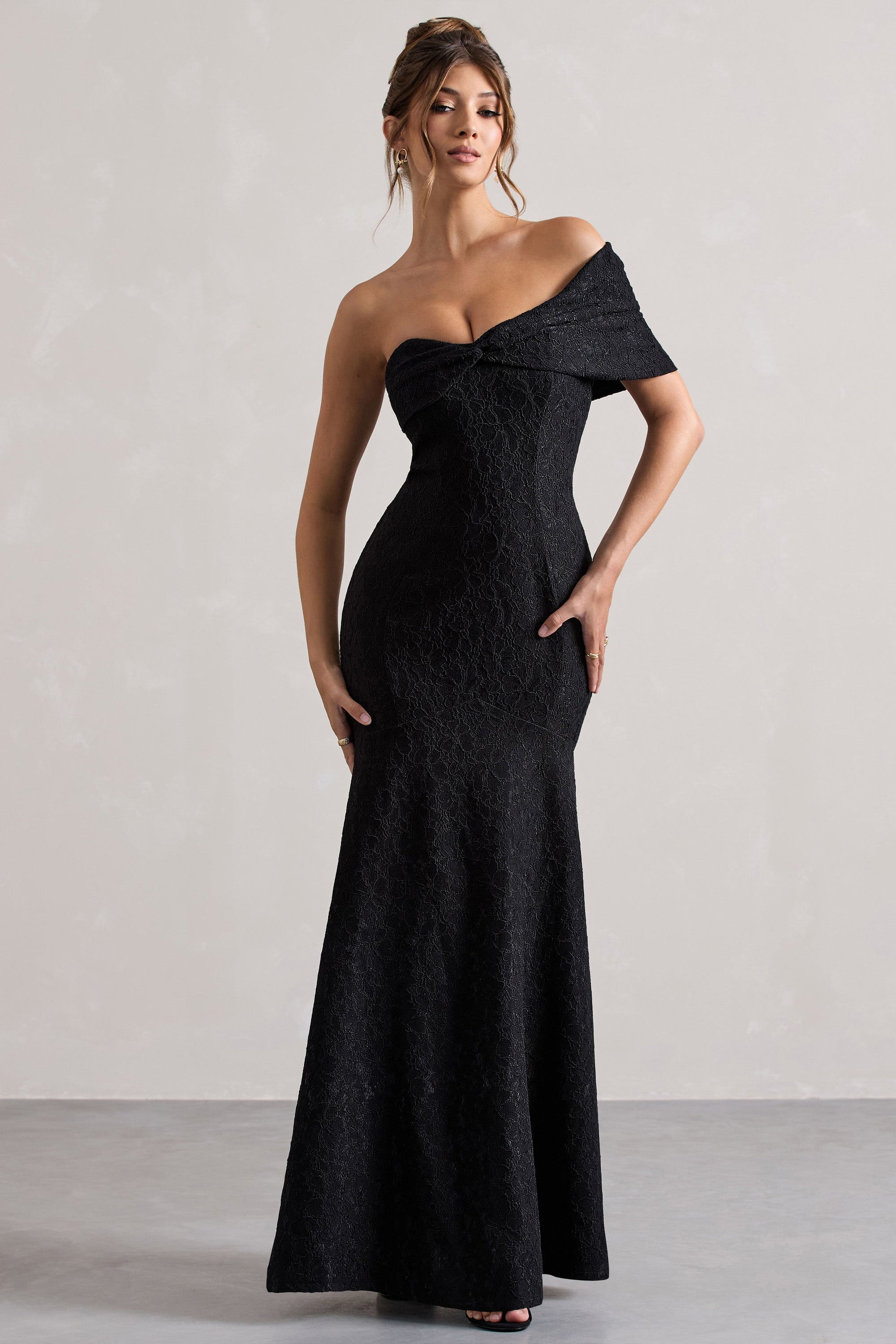 Masquerade | Black Lace Twisted Bardot Maxi Dress - Club L London - USA
