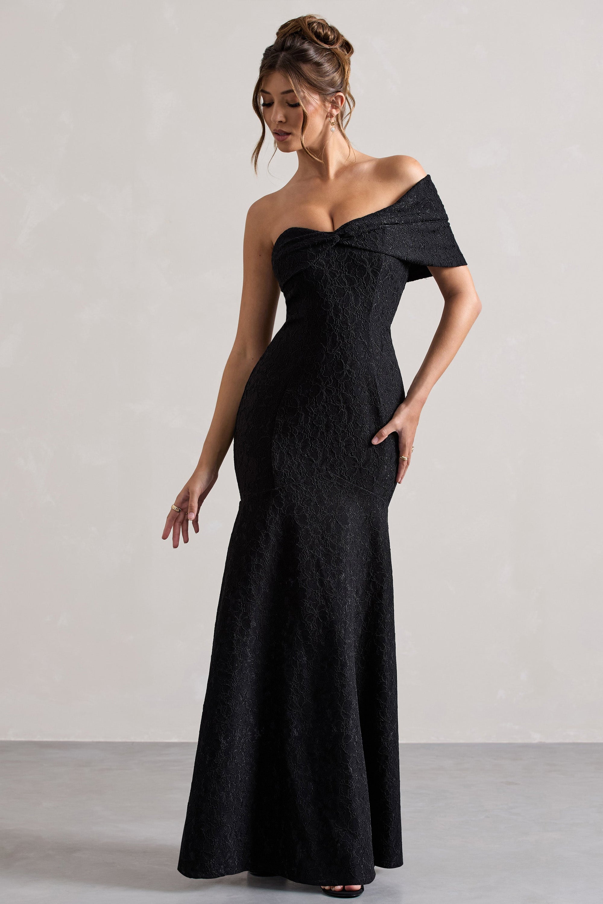 Masquerade | Black Lace Twisted Bardot Maxi Dress - Club L London - USA