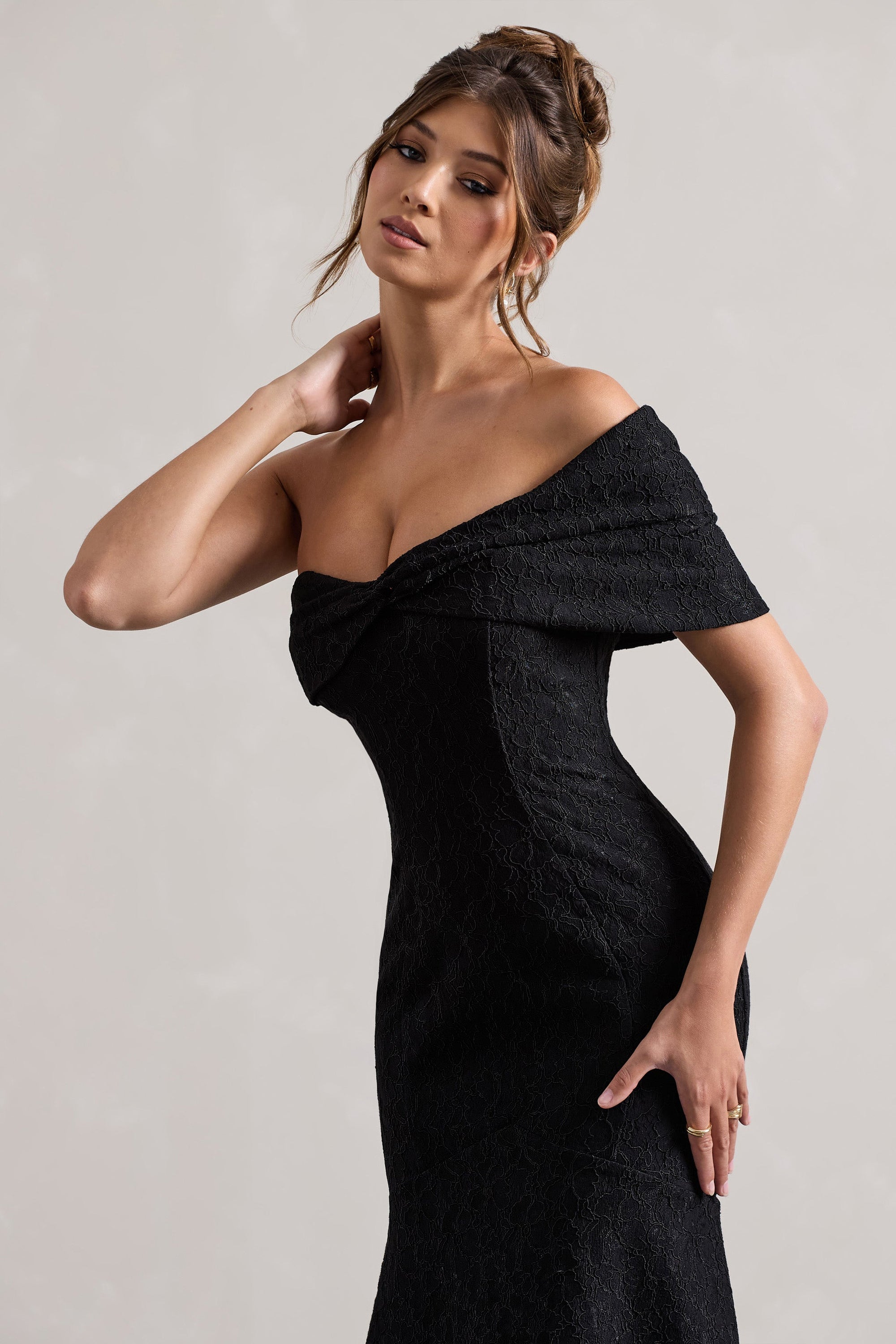 Masquerade | Black Lace Twisted Bardot Maxi Dress - Club L London - USA