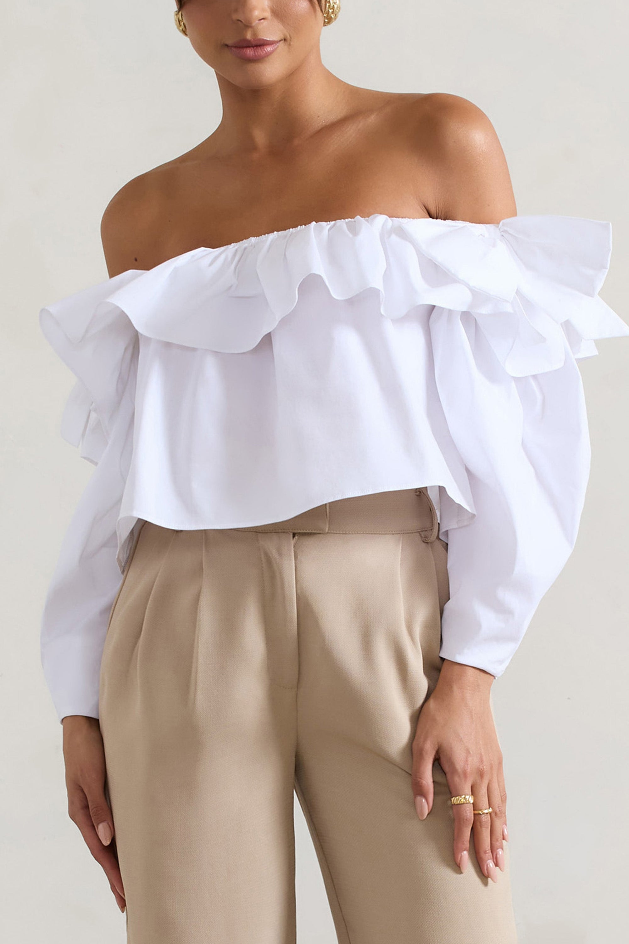 Cove | White Bardot Puff-Sleeve Ruffle Top With Bows - Club L London - USA