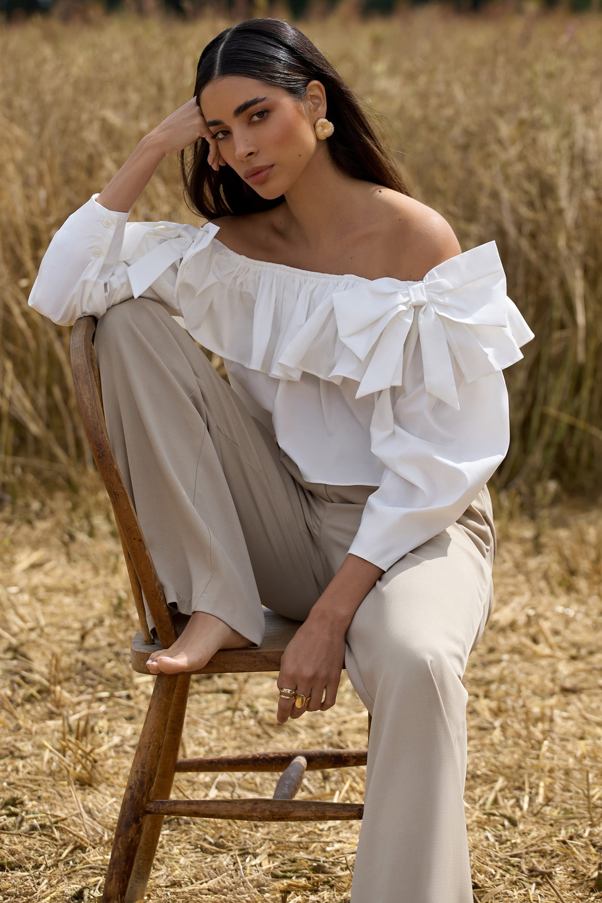 Cove | White Bardot Puff-Sleeve Ruffle Top With Bows - Club L London - USA