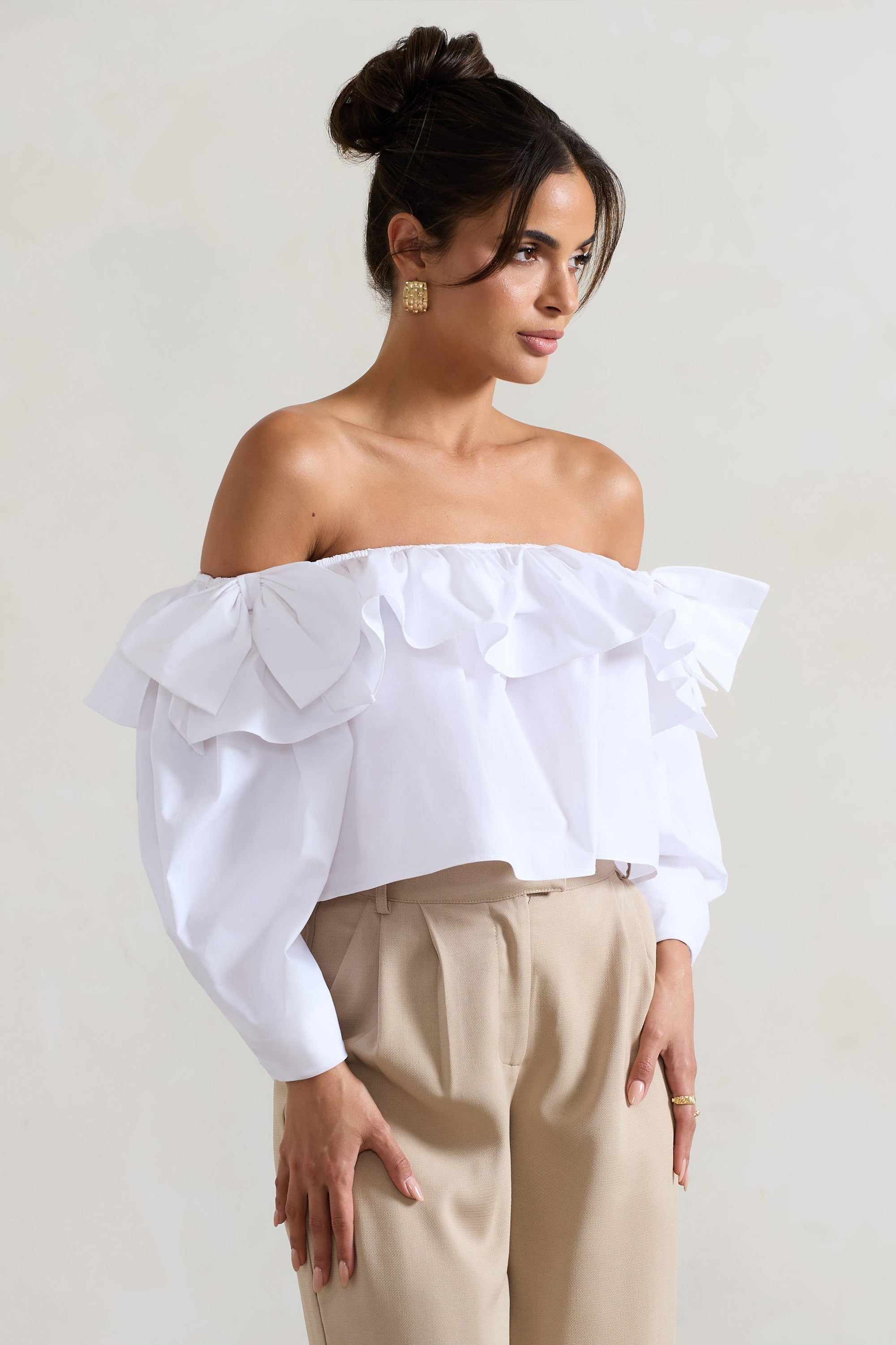 Cove | White Bardot Puff-Sleeve Ruffle Top With Bows - Club L London - USA