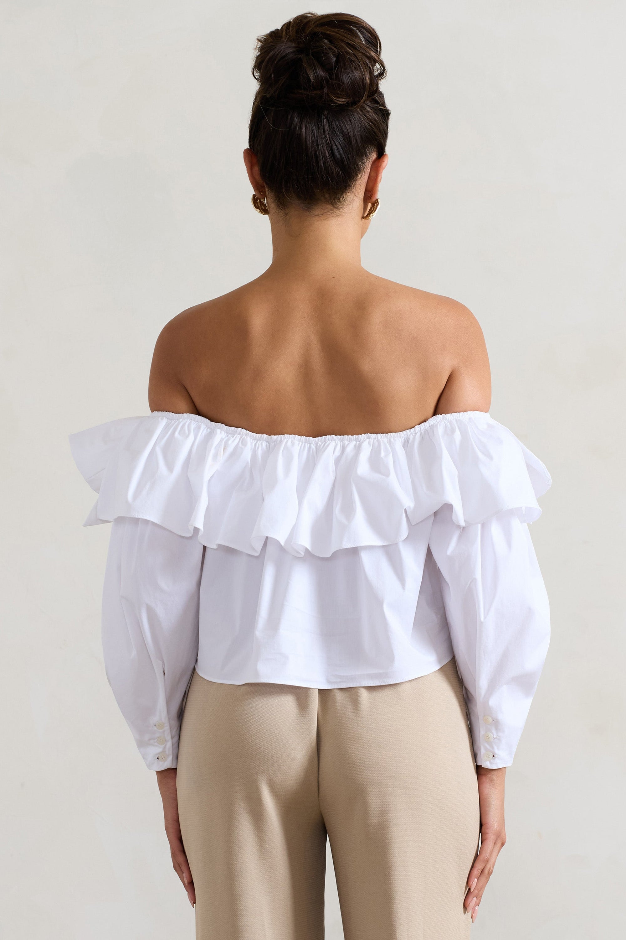 Cove | White Bardot Puff-Sleeve Ruffle Top With Bows - Club L London - USA