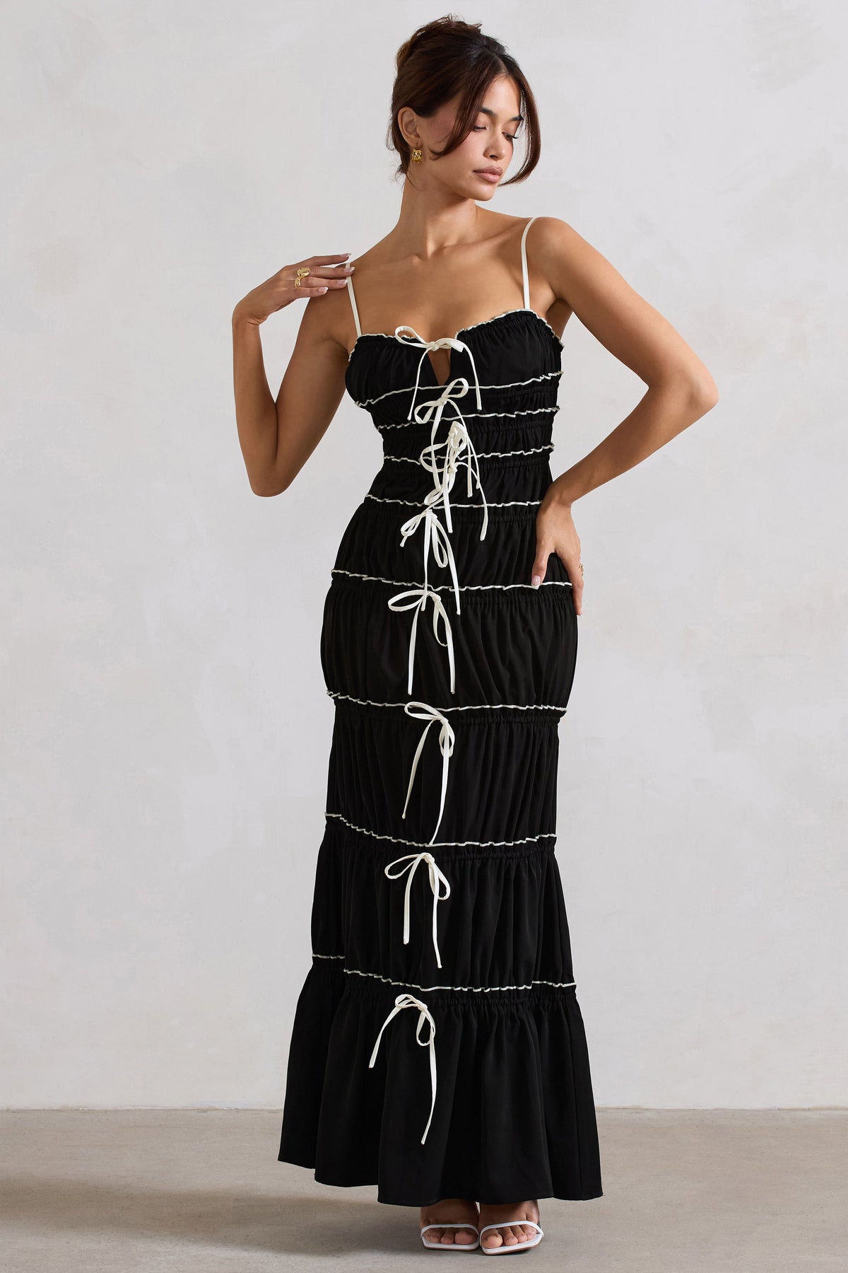 summer breeze maxi dress Summer Breeze Black Strappy Gathered Tiered Maxi Dress – Club L London