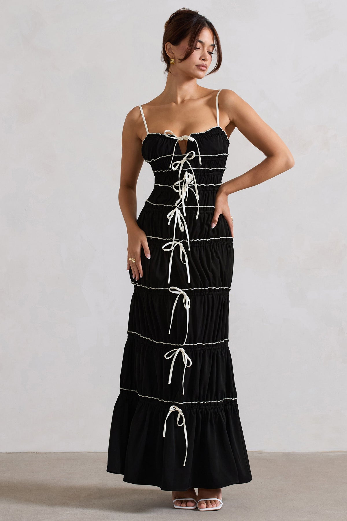 Summer Breeze Black Strappy Gathered Tiered Maxi Dress – Club L London