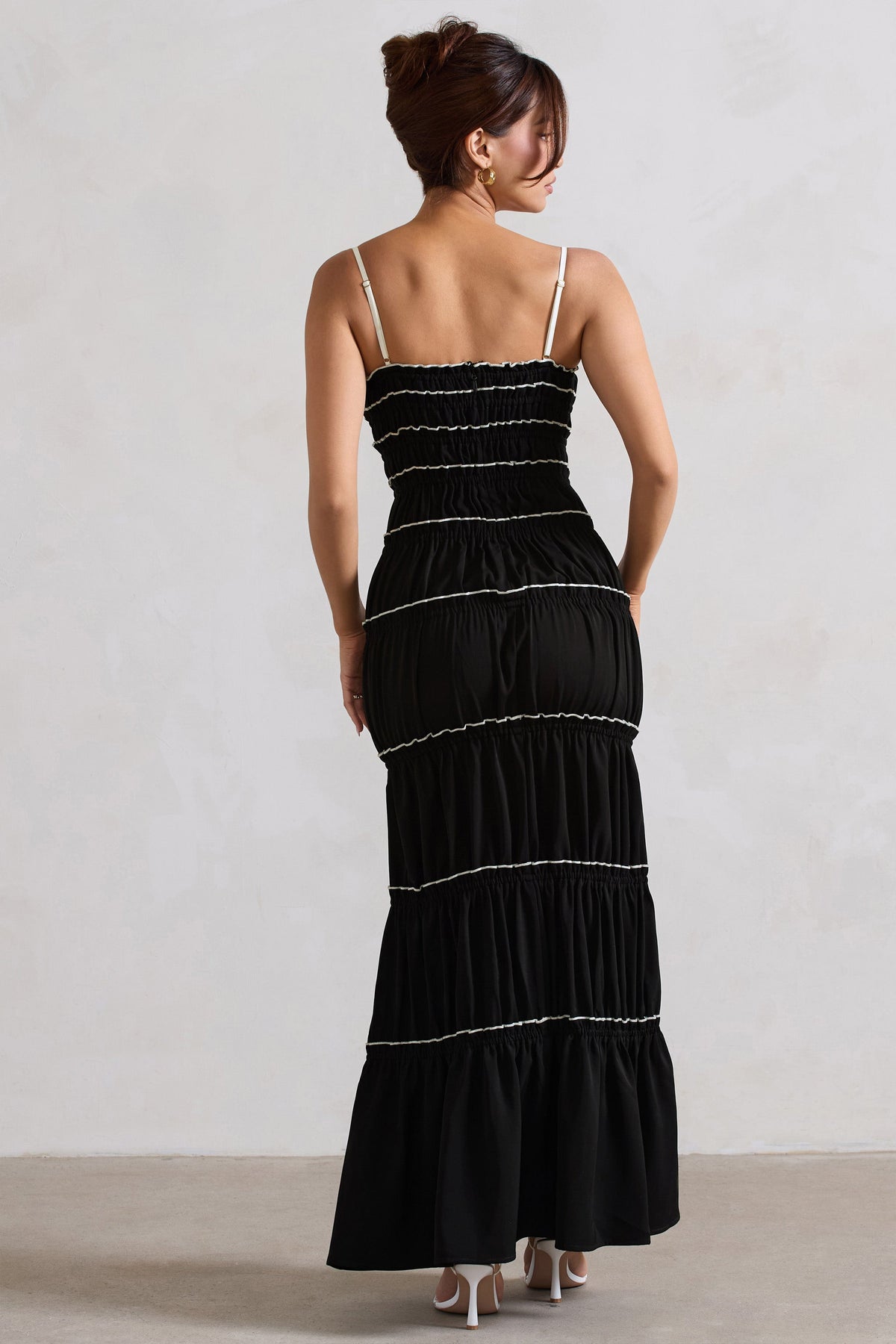 black maxi dress strappy Summer Breeze Black Strappy Gathered Tiered Maxi Dress – Club L London