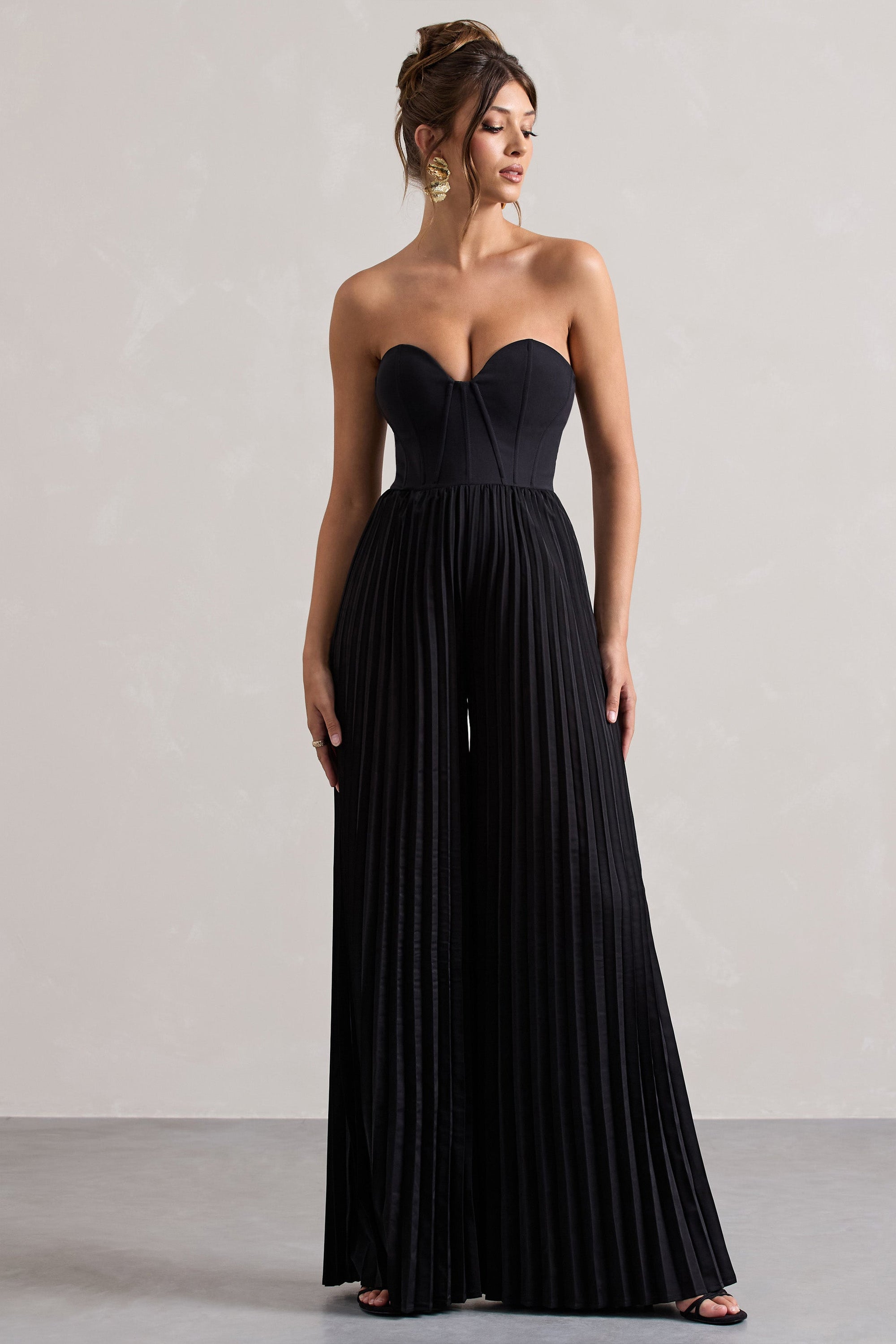 Lorelai | Black Corset Plisse Wide-Leg Jumpsuit - Club L London - USA