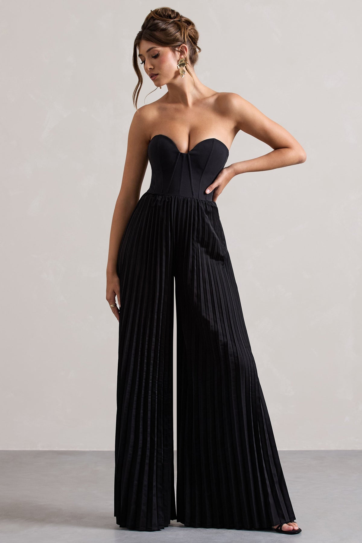 Lorelai Black Corset Plisse Wide-Leg Jumpsuit Club L London - USA Lorelai Black Corset Plisse Wide-Leg Jumpsuit Club L London - USA