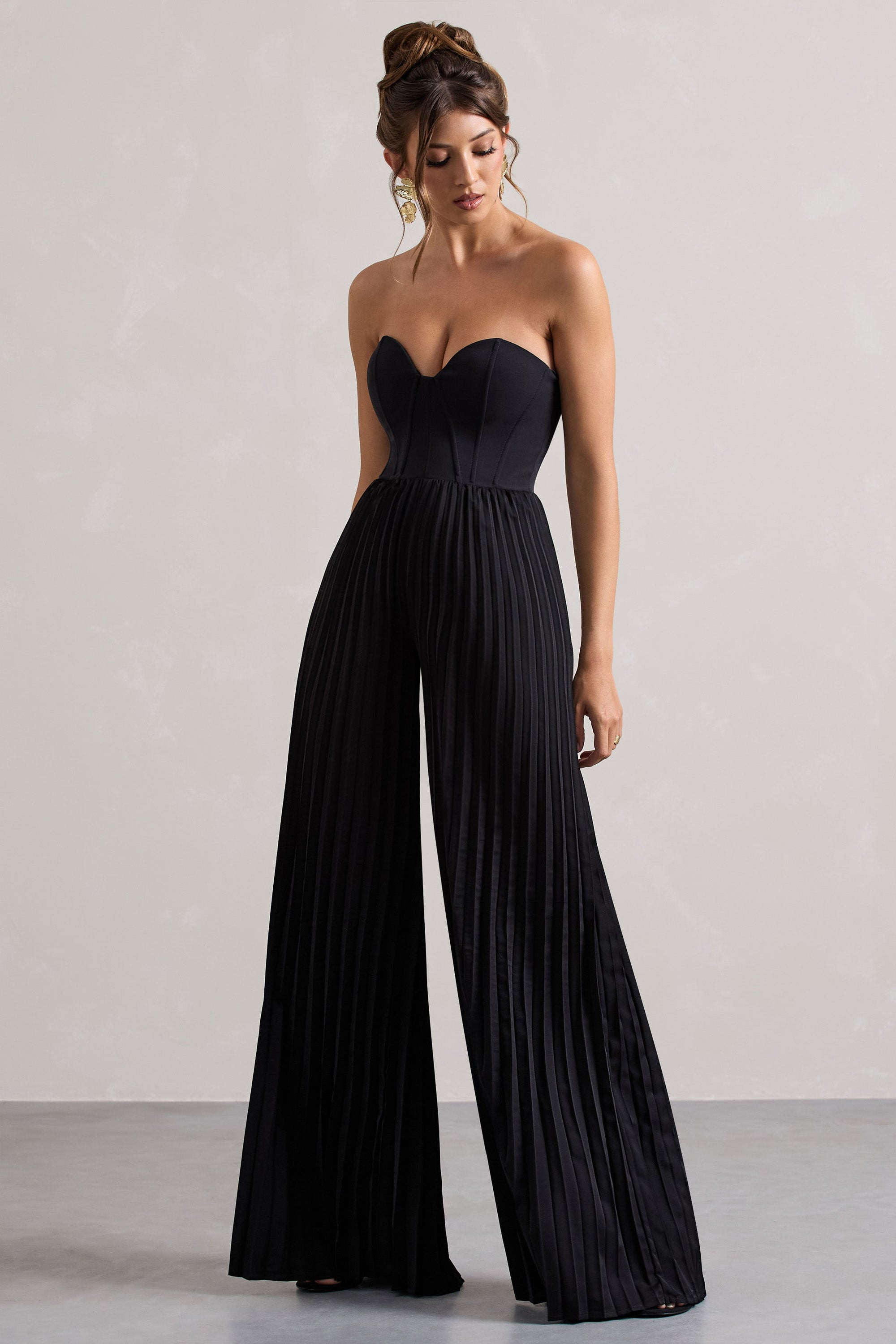 Lorelai | Black Corset Plisse Wide-Leg Jumpsuit - Club L London - USA
