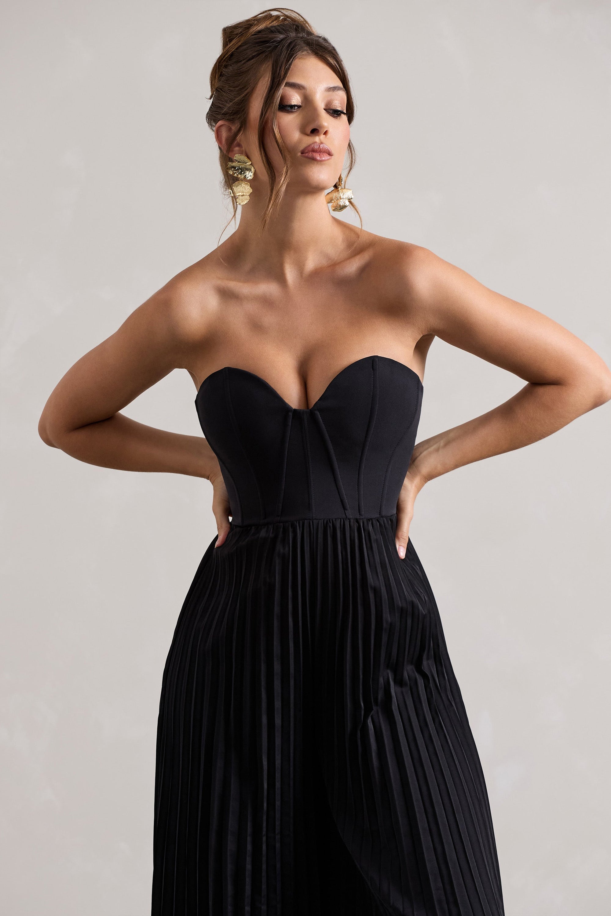Lorelai | Black Corset Plisse Wide-Leg Jumpsuit - Club L London - USA
