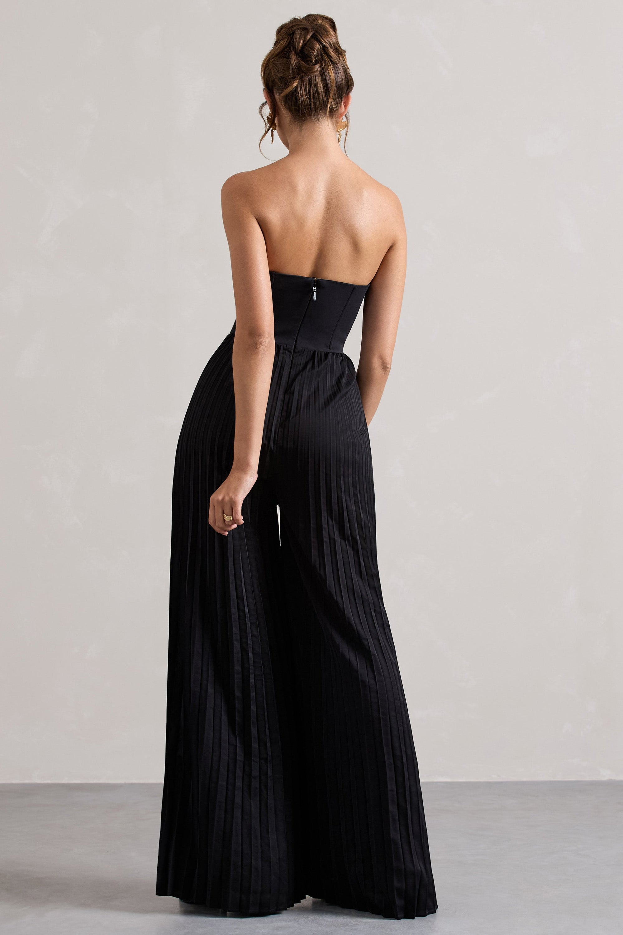 Lorelai | Black Corset Plisse Wide-Leg Jumpsuit - Club L London - USA