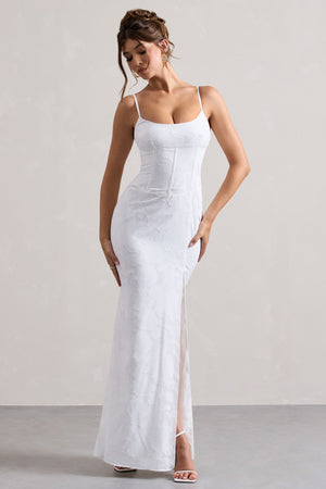 chinese dress ladies Intimacy White Lace Corset Split Maxi Dress – Club L London