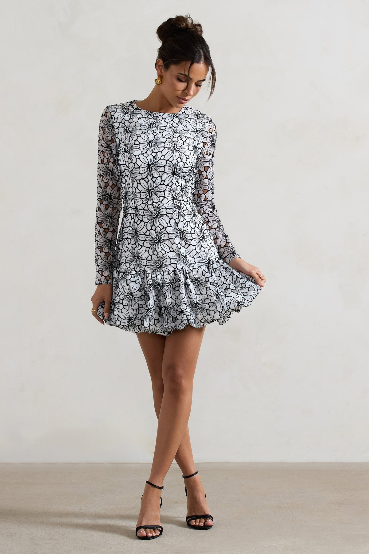 Claribel Black & White Lace Long-Sleeve Mini Dress With Ruffle Hem Club L London - USA Claribel Black & White Lace Long-Sleeve Mini Dress With Ruffle Hem Club L London - USA