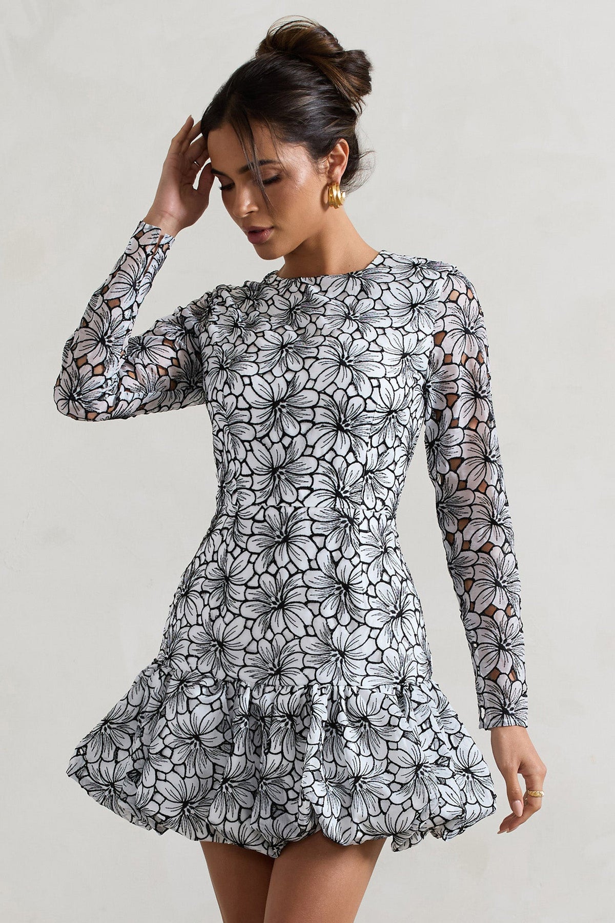 Claribel Black & White Lace Long-Sleeve Mini Dress With Ruffle Hem Club L London - USA Claribel Black & White Lace Long-Sleeve Mini Dress With Ruffle Hem Club L London - USA