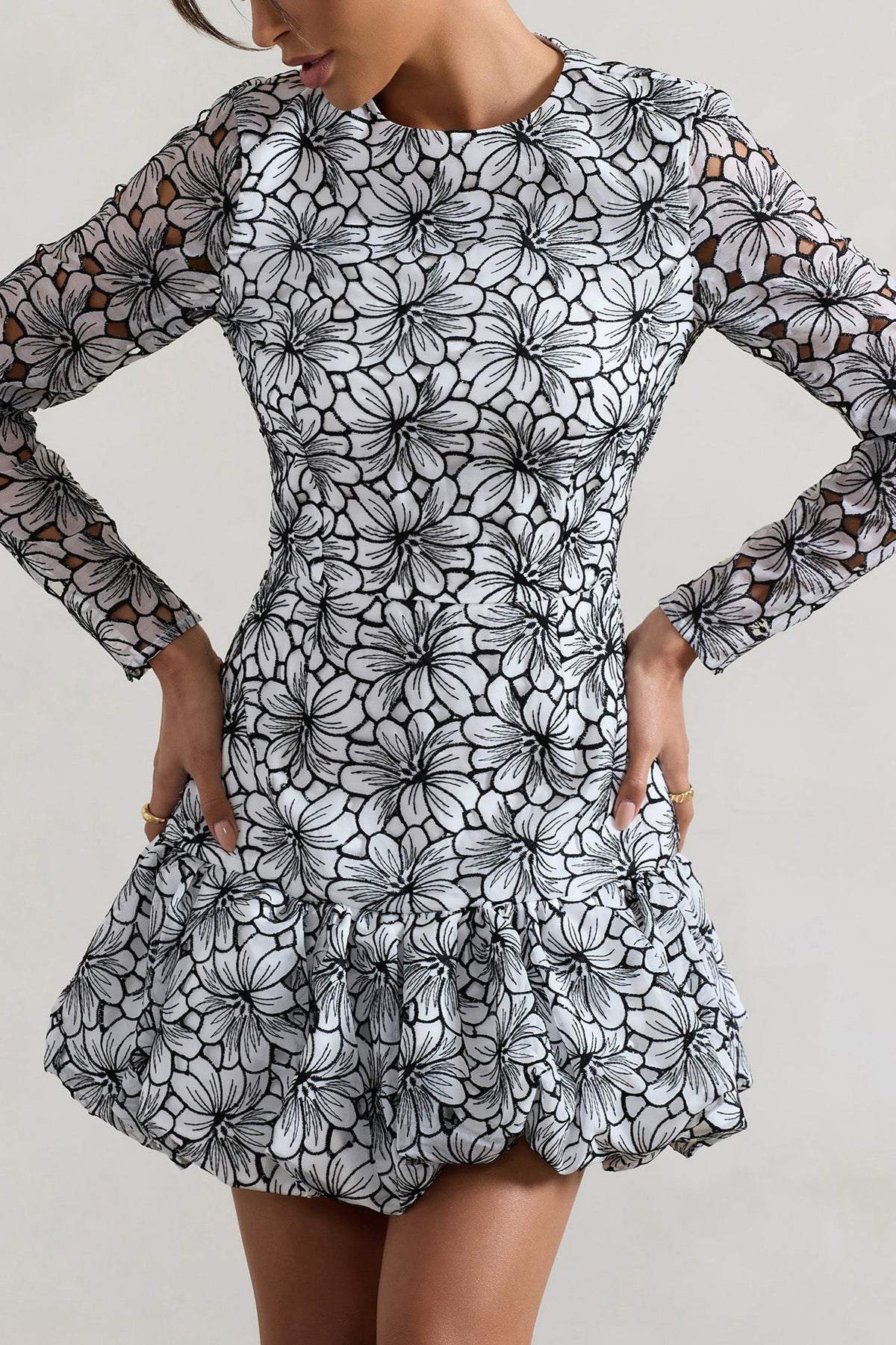 Claribel Black & White Lace Long-Sleeve Mini Dress With Ruffle Hem Club L London - USA Claribel Black & White Lace Long-Sleeve Mini Dress With Ruffle Hem Club L London - USA