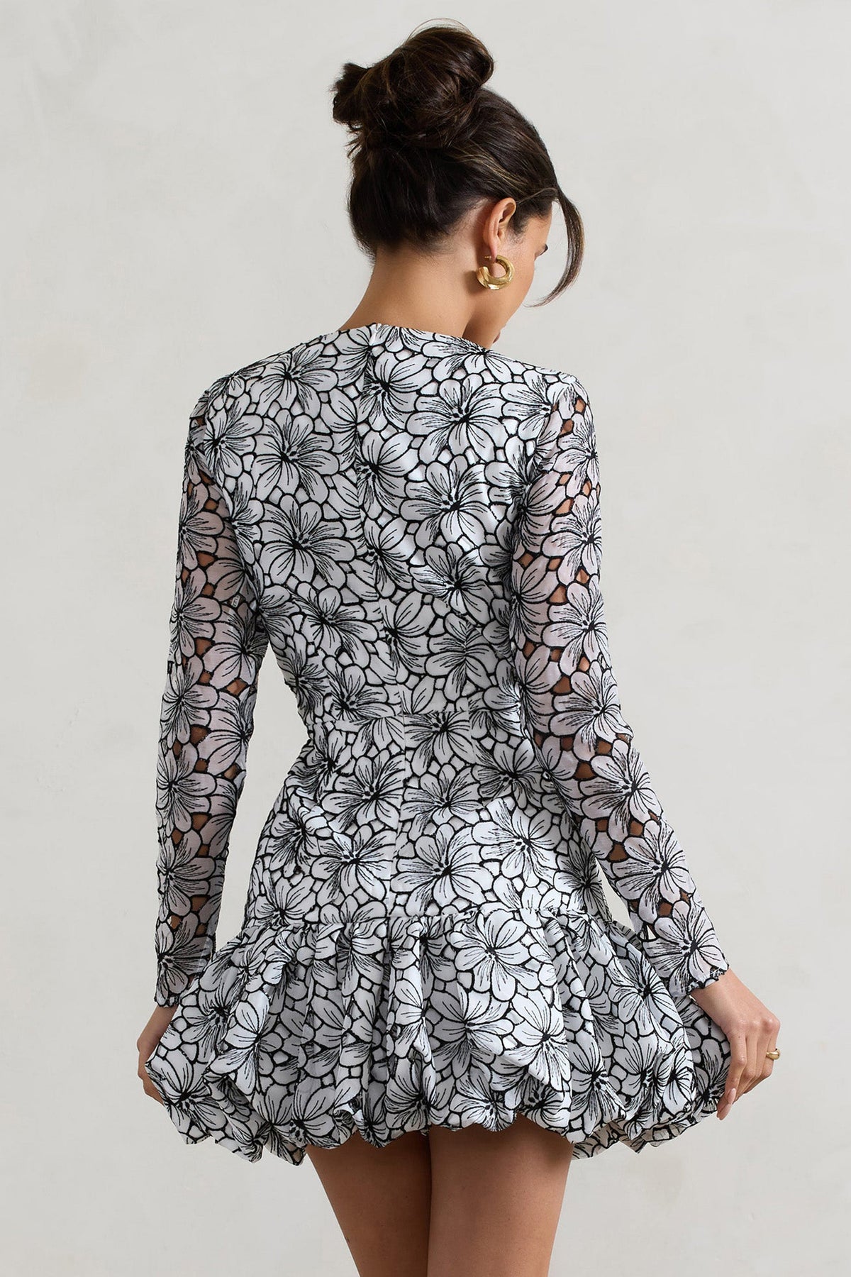 Claribel Black & White Lace Long-Sleeve Mini Dress With Ruffle Hem Club L London - USA Claribel Black & White Lace Long-Sleeve Mini Dress With Ruffle Hem Club L London - USA
