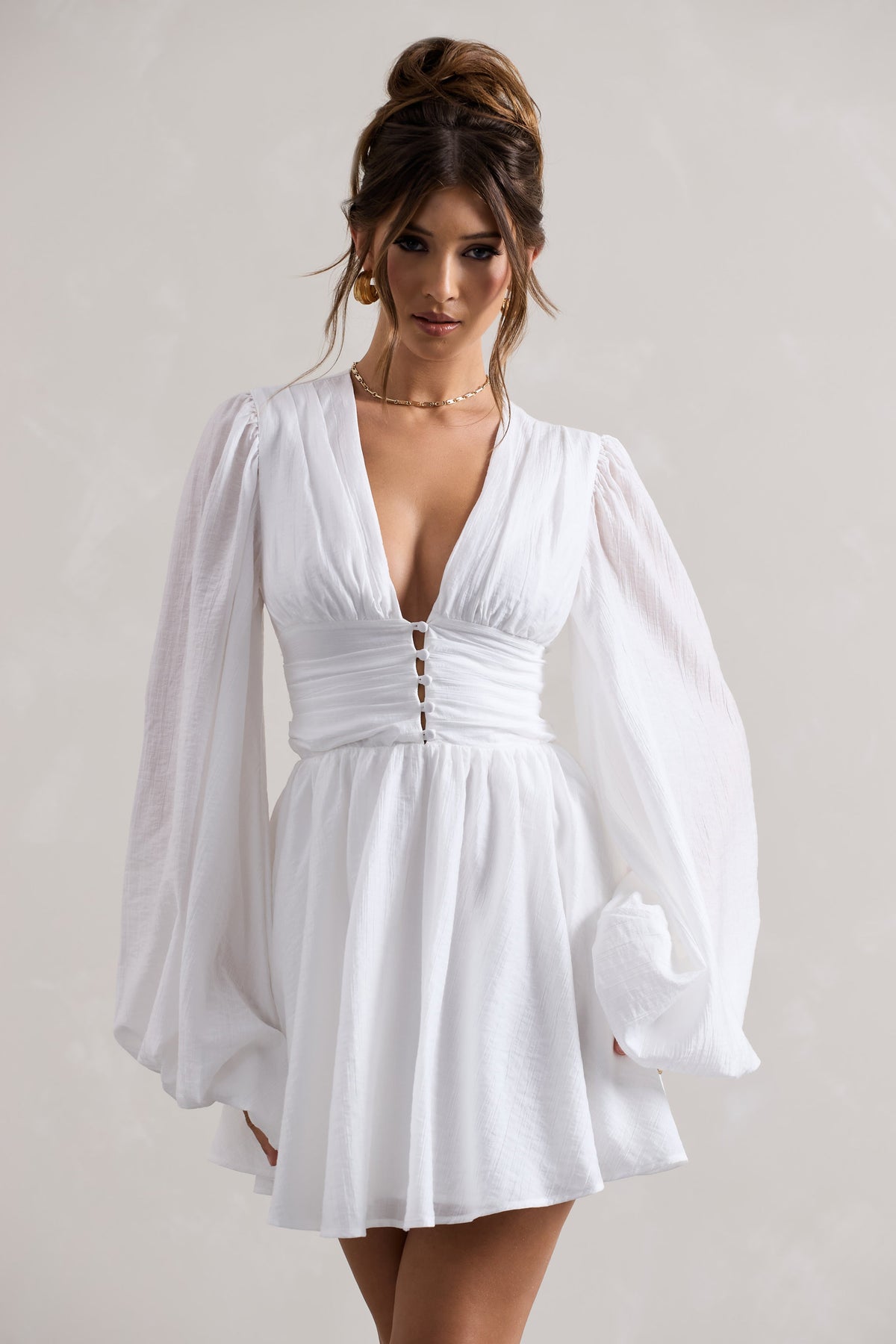 Avalon | White Plunge-Neck Balloon-Sleeve Mini Dress