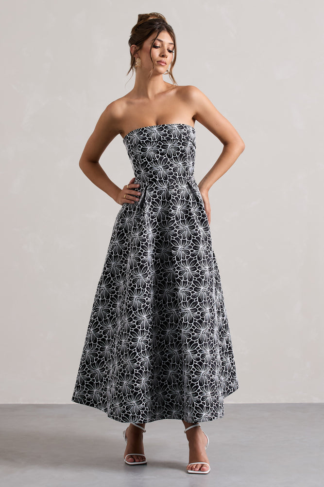 Calliopia Black Bow Bardot Midi Dress With Puff-Ball Skirt