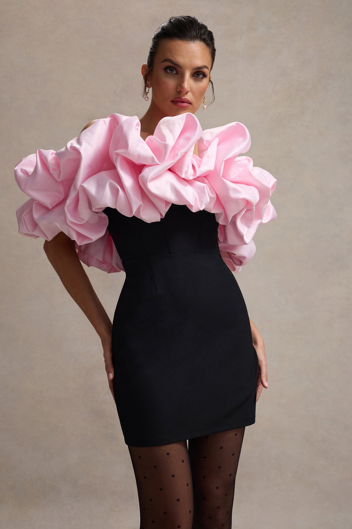 Macaron | Black Bardot Mini Dress With PINK Ruffle Trim - UK 10 Black AND PINK Macaron | Black Bardot Mini Dress With PINK Ruffle Trim - UK 10 Black AND PINK